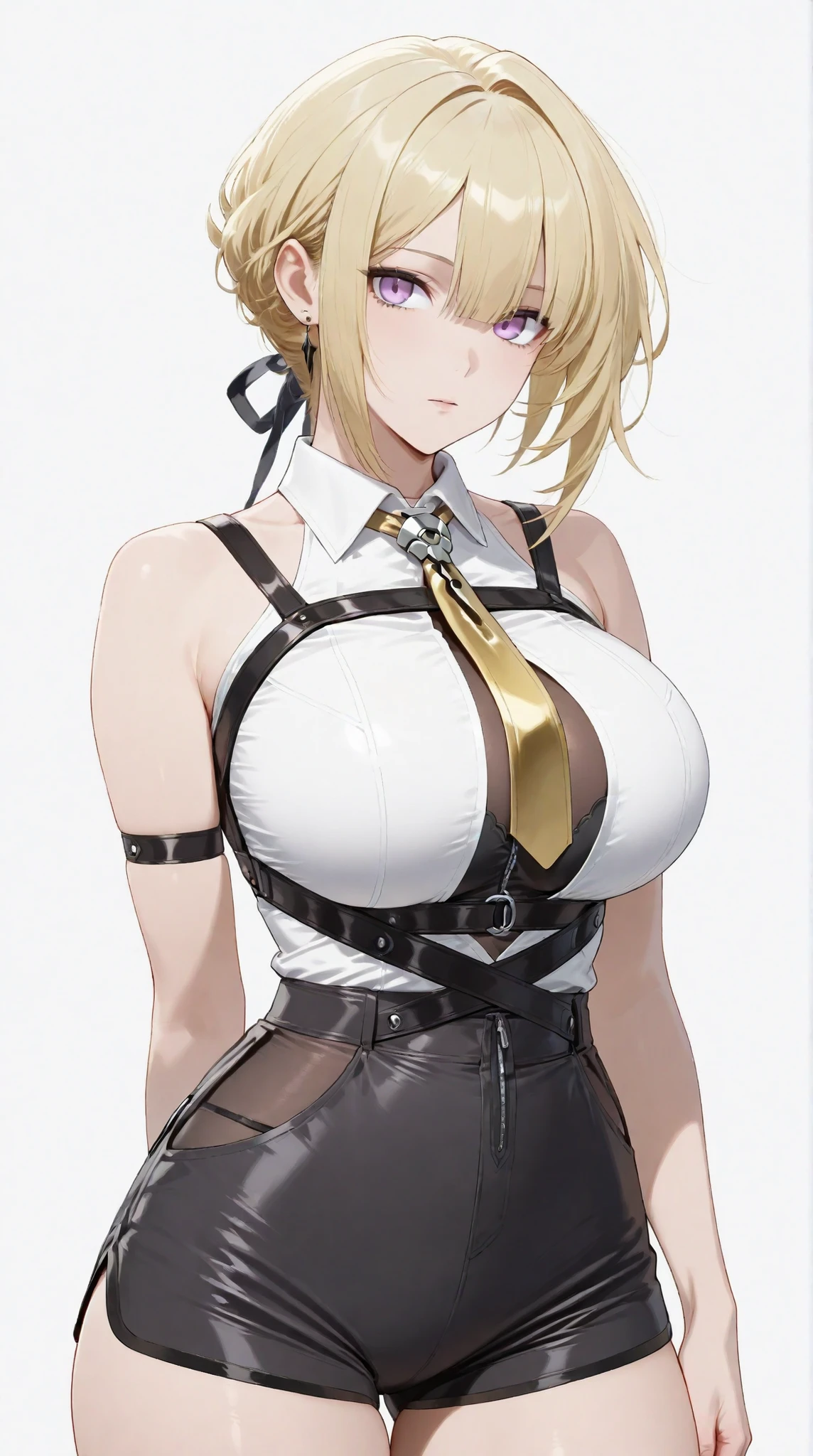 masterpiece, extremely detailed,perfect skin texture,4k,solo,1girl ,evelyn chevalier,full body,
purple eyes, blonde hair, short hair
collared shirt, white shirt, bare shoulders, yellow jewelry, yellow necktie, shorts, arm strap, chest harness,mature,sexy legs,perfect body,large breasts,high detailed, best quality, upper body, photography,cowboy shot,((white plain background))