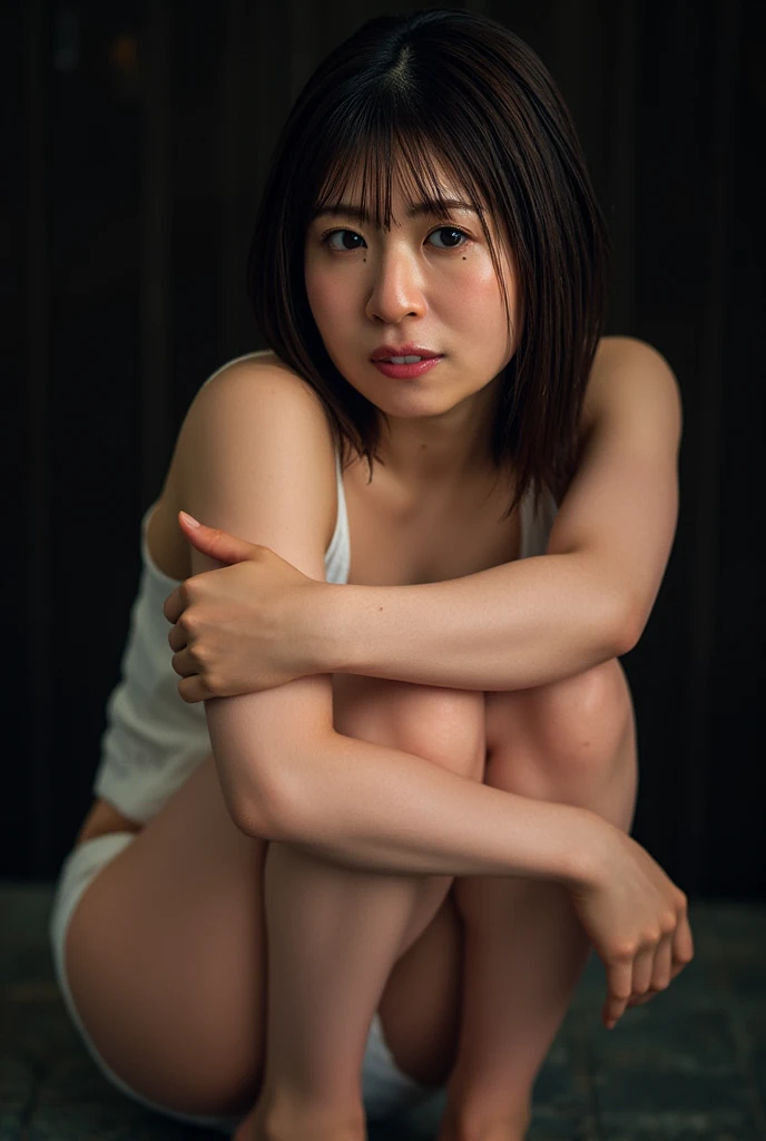 Japanese, (alone), 18-year-old, (wrinkles around the eyes:1.2), big breasts, Glamour, Sexy, pure white skin, looking at the viewer、(White tank top)、(She&#39;s only wearing flesh-colored pantyhose.),black high heels、Close-up of a woman squatting in a room、hands behind、spread legs