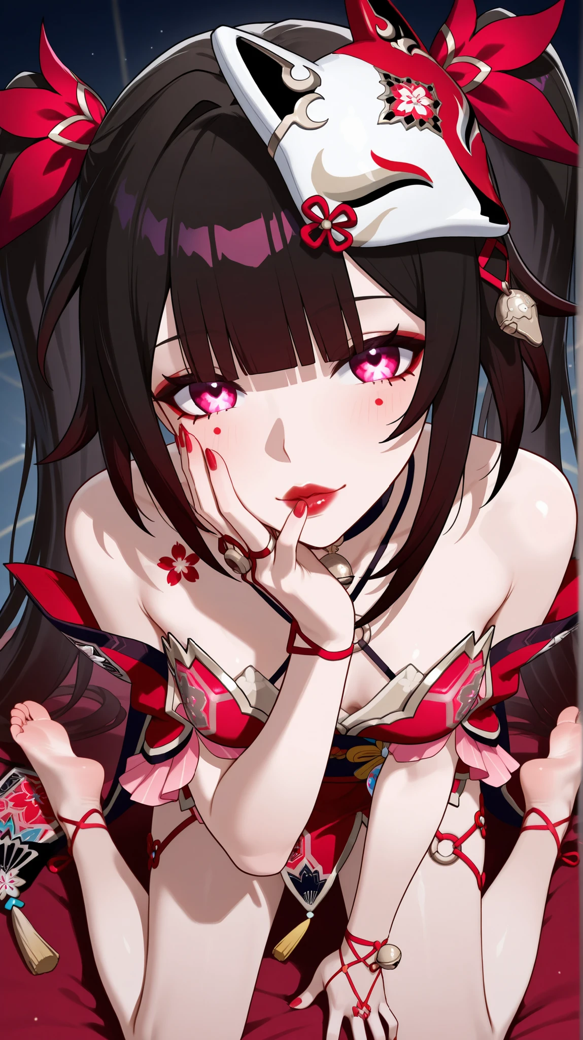 Sexy Sparkle honkai Star rail, slightly lateral view from above, kneeling in a sensual pose, turned to the side with an oblique look at the viewer, hand on the face with a finger on the shiny lips, black hair, eyes with butterfly-shaped pupil, Beautiful red lips kissing, outfit Sparkle, small breasts, bust almost naked, very detailed character in high definition, very shy face with a blushed cheek, beautiful sexy feet with red nail polish, in high resolution, Bare feet in sight, tapered toes