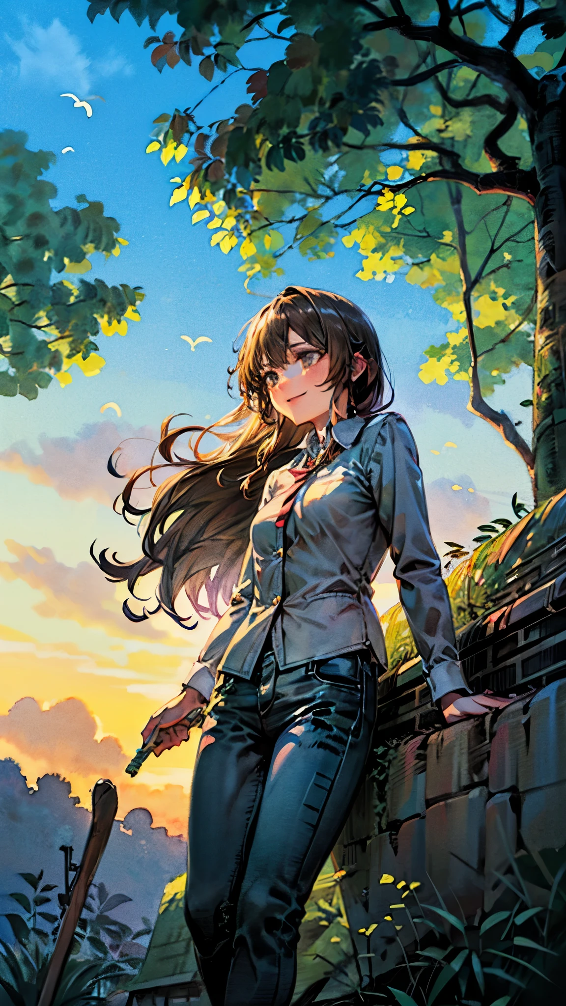 two-dimensional, national foundation, pastel colors, watercolor, line art, ankymoore, woman, alone, long hair, looking at the audience, jeans, brown hair, smiling, vintage button downed shirt open tied, brown eyes, jewelry, night setting with fireflies in the air, (view from below:1.2), sitting on a MC Escher art, a lineart illustration ink dripping on edges background