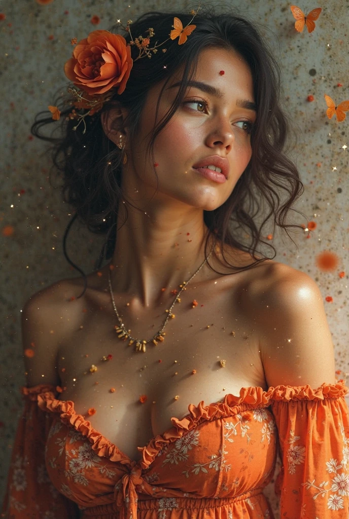 A girl with orange angel wings, riding a bear on the steppe, mouth open with her tongue sticking out, sunlight shining on her face, eyes looking straight ahead, hair dotted with chrysanthemums, skin as white as an egg with long black braided hair, with perky, seductive breasts, orange Lace Lingerie outfit, posing, surrounded by a lotus mud dress
