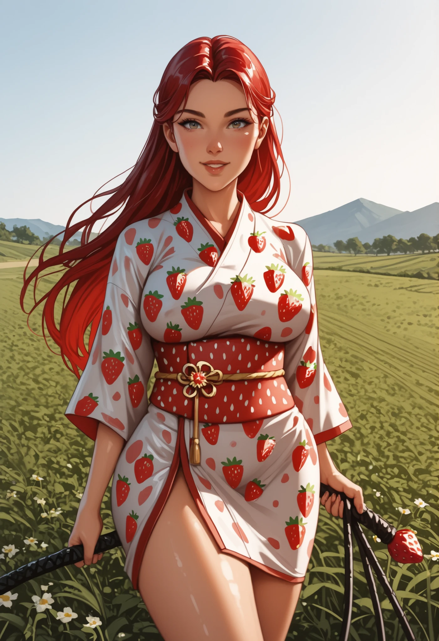 Meisterwerk, best quality, extreme Detail, anatomically correct, Young woman standing alone in a strawberry field, Young Woman Wears a Japanese Tight Sexy Kimono, (Strawberry print), Young woman has extremely large breasts, (F70), (wide hips), Young woman is slim , (full-figured figure), brown long hair, Gelbe Augen, Looking at viewer, Young woman looking at luster, Young woman is in fighting pose, Young Woman Has a Whip, Kampfbereit, The whip is made of strawberry,