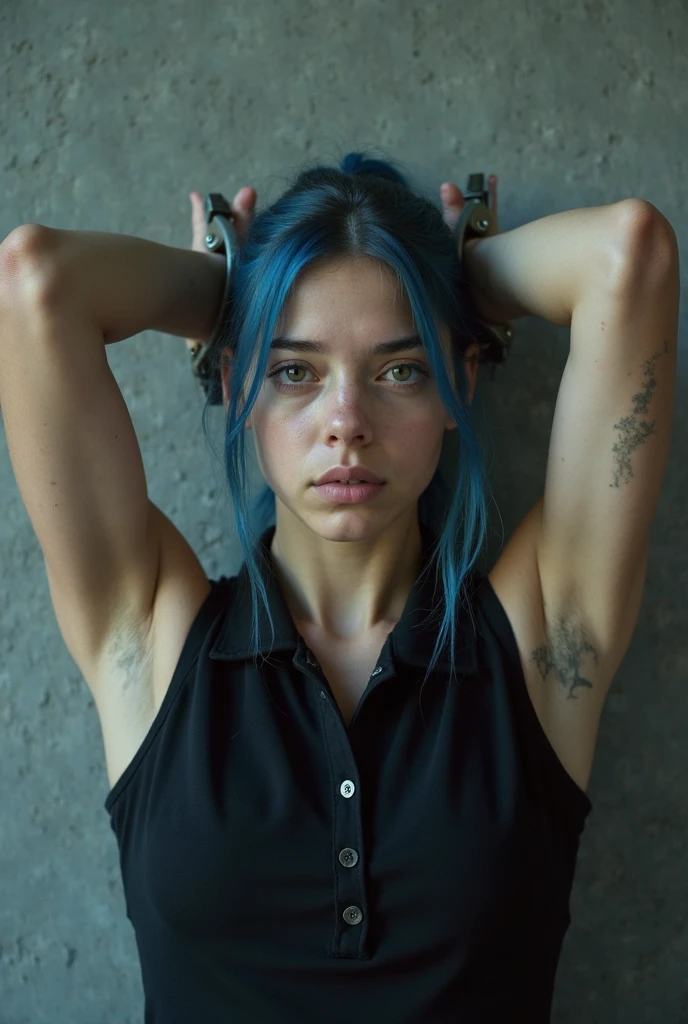 Masterpiece, 1 person, solo, blue hair, short hair, hair inhalation, torn clothes, handcuffs, chain, navel, tears, (back arm: 1.2), clenched, chain, heart-shaped pupil, mouth open, no bra, front view  ????? and seductive expression 
