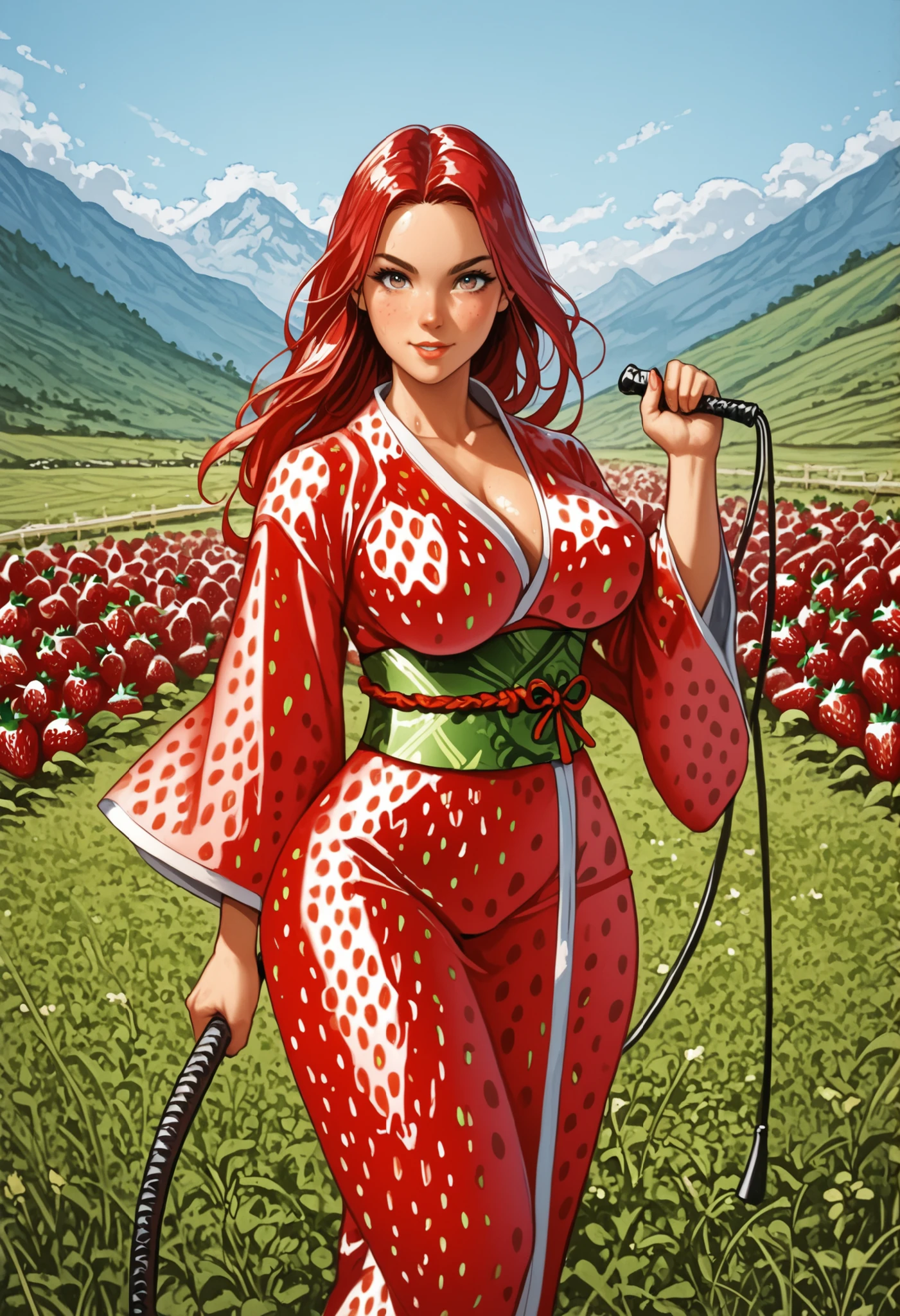 Meisterwerk, best quality, extreme Detail, anatomically correct, Young woman standing alone in a strawberry field, Young Woman Wears a Japanese Tight Sexy Kimono, (Strawberry print), Young woman has extremely large breasts, (F70), (wide hips), Young woman is slim , (full-figured figure), brown long hair, Gelbe Augen, Looking at viewer, Young woman looking at luster, Young woman is in fighting pose, Young Woman Has a Whip, Kampfbereit, The whip is made of strawberry,