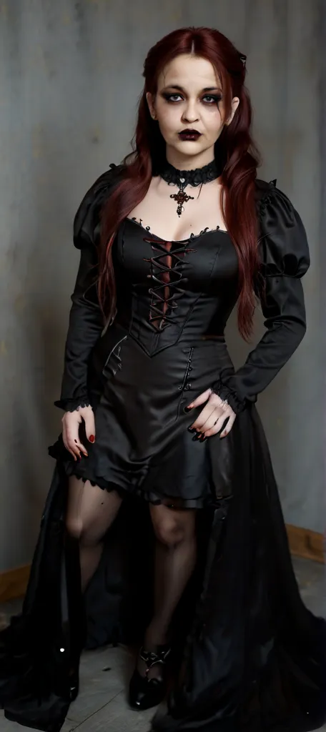 Emma Watson, vampire girl, very curly red hair, gothic clothes, blue pantyhose, high heels, sun shiny day