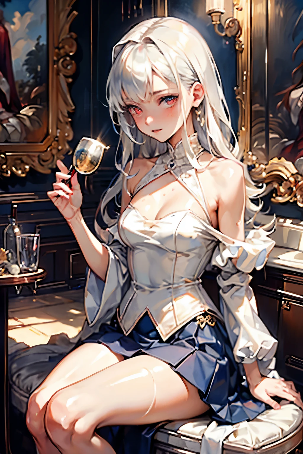 Anime senior muscular girl with strong abs, dress vermelho elegante, cabelo liso gold na altura dos ombros, visual novela, she is sitting in a restaurant overlooking the beach, salto alto, Cocktail Holding , Galaxy Night , Meias pretas para o joelho ,pernas a mostra com tatuagem de estrelas, cores vibrantes e vivas com mais brilho na arte Misterioso,, Misterioso, Misterioso