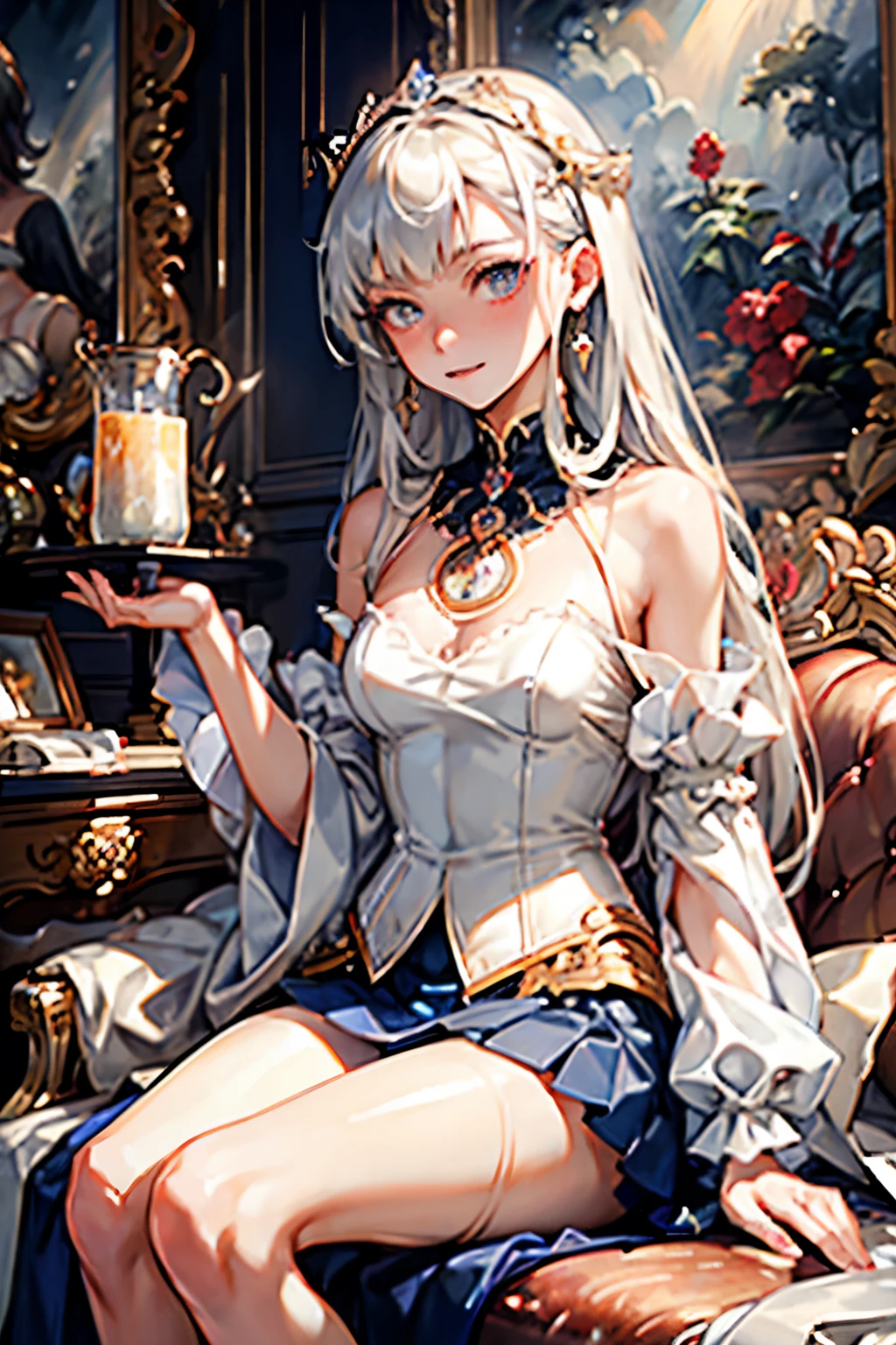 (masterpiece, top quality, top quality, Official Art, Beautiful and Sophisticated:1.2), (1 girl:1.3), (fractal art:1.3),absurd, masterpiece, top quality, realistic, hyperdetail, ( shiny skin, sweated:1.4), watch viewers， has a bright smile, slender, 1 girl, solo,  Navy blue high heels, Navy Blue Flared Mini Skirt, Long straight hair, Princess Cut, white hair, red eyes sitting on toilet seat, (Thighs:0.5), Dynamic Lighting, high resolution, sharp concentration, depth of field, small breasts, ,  masterpiece, top quality, Ultra Details, illustrations, Ultra Details face, top quality face, evil, 18 years old, adults, 1 girl, 18 years old, white hair, Alchemy Outfits , Intricate and elaborate costumes, Sexy Poses, Sparkling Navy Blue Dress, cute,  cute,  digital art , detailed eyes, Brushing, red cheeks