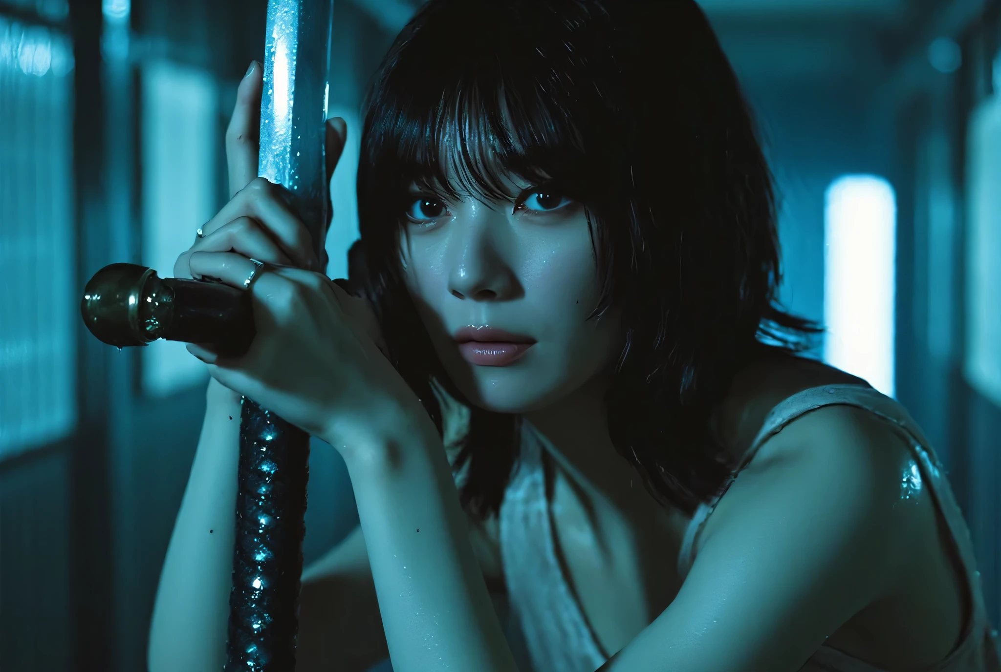 (((inside the dark spaceship Nostromo:2.0))),(((HR Gigger style cyberpunk atmosphere:2.0))),(((Hold a Japanese sword in front of the audience:2.0))),((Point a Japanese sword at the viewer:2.0)),Heroic standing,((full body:2.0)),one woman,(cute face:2.0),(Beautiful well-balanced face :2.0),((long hair with bangs:2.0)),(wavy black hair:2.0),(Beautiful Eyes:1.3),glamorous shot of a 20-year-old Japanese woman,Beautiful slender body,((model body type:2.0)),((slim body:1.7)),perfect body line,Ideal Proportions,((small breasts:2.0)),((Three sizes 84-55-85:2.0)),((B-cup breasts:1.5)),beautiful breasts,Bare thighs,Sensual Thighs,delicate body,(muscular:1.7),harmonious posture,((Realistic breast depiction :1.7)),Carefully Depicting Limbs Based on Perfect Anatomy,((Futuristic samurai style white super high leg leotard :1.5)),((Fitted Latex Super Hi-Leg Leotard:2.0)),((((Super high leg hot pants made of denim fabric:2.0)))),(black kimono:1.5),((Tactical Holster:1.5)),((((Coarse mesh fishnet stockings:2.0)))),concept art,(top quality:1.5),(masterpiece:1.5),(超高resolution),resolution,UHD,(delicate depiction),carefully drawn,32k,((realistic skin texture:1.5)),(((super realistic:1.5))),carefully draw eyelashes,Highly Detailed Faces,Highly detailed female hand, Sexy appearance ,Extremely Sensual,(Blurry Dim Backgrounds :1.5),Professional Photography,(movie lights:2.0),((Blade Runner style lighting:2.0))