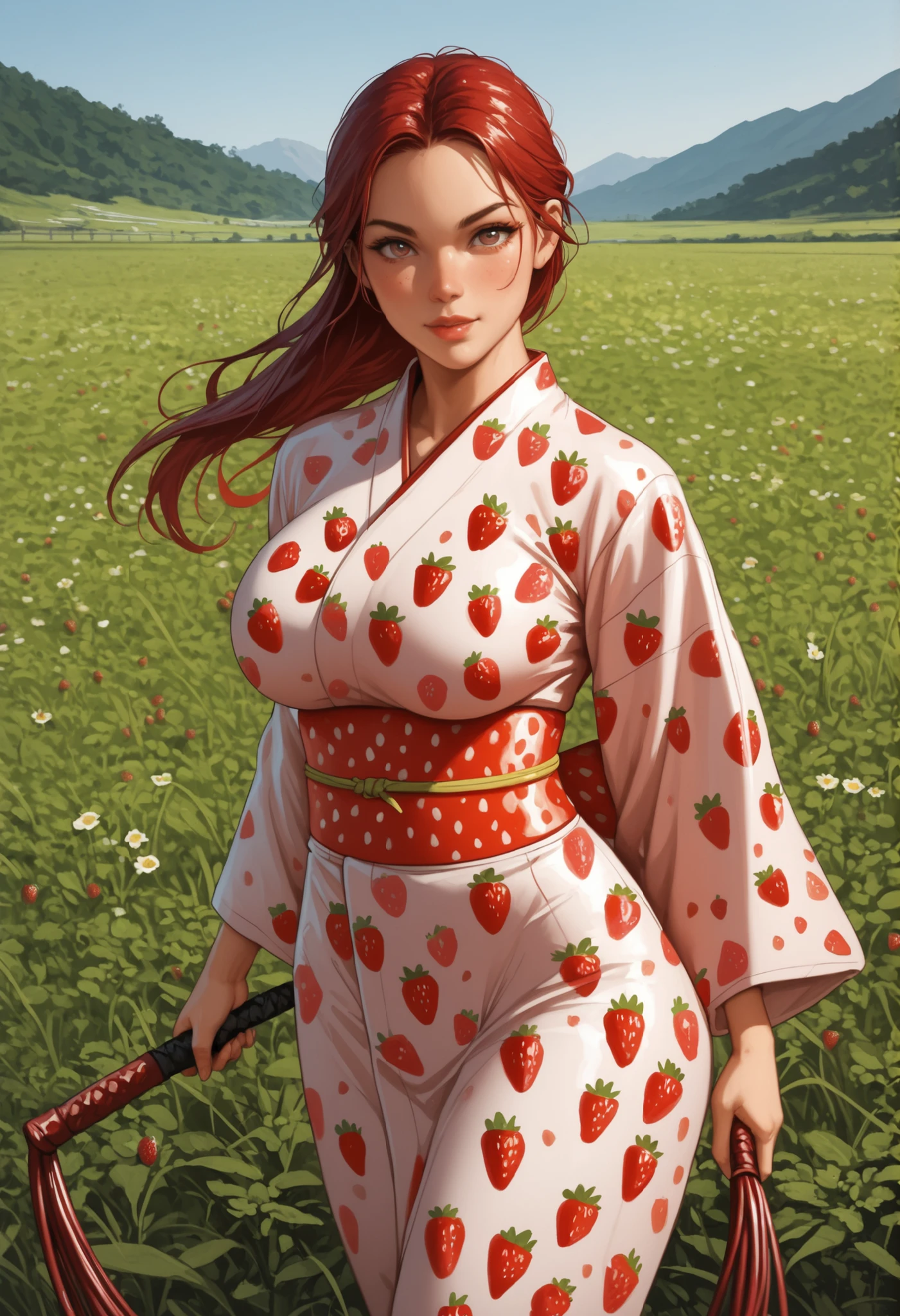 Meisterwerk, best quality, extreme Detail, anatomically correct, Young woman standing alone in a strawberry field, Young Woman Wears a Japanese Tight Sexy Kimono, (Strawberry print), Young woman has extremely large breasts, (F70), (wide hips), Young woman is slim , (full-figured figure), brown long hair, Gelbe Augen, Looking at viewer, Young woman looking at luster, Young woman is in fighting pose, Young woman has a whip ready to fight, The whip is made of strawberry,