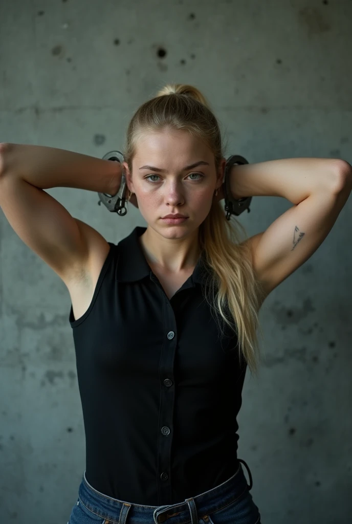 young woman, ultratextured skin, blue eyes, rough expression, broken nose, straight gesture, two braided shiny hair, black crop top, tracksuit trousers, slavic ethnicity, blond hair, portrait, ultra high resolution, red bricks graffiti background, outdoor, evening light, facing camera, cheeky emotion, sport wear, hands crossed behind back in handcuffs, bright makeup, young adult, minimalistic style.