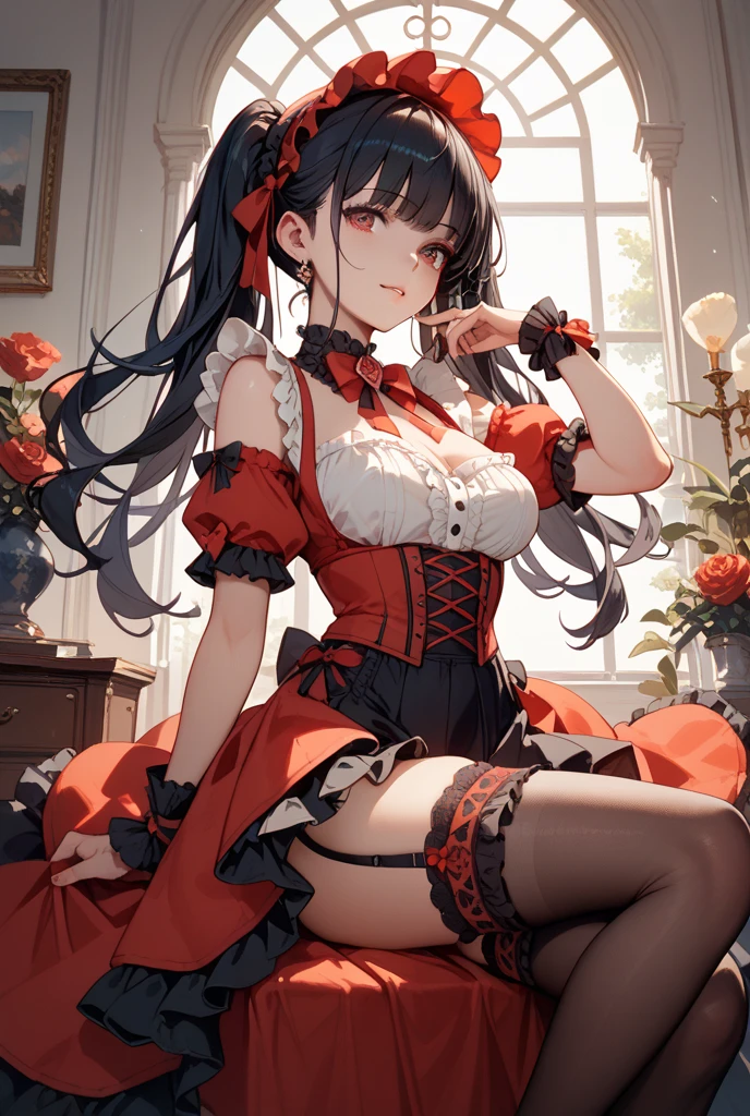 masterpiece, best quality, very aesthetic, absurdres, 1girl, mature_lady, hold a cat,1cat,,tokisaki_kurumi(date_a_live), black_hair, heterochromia, red_eye, yellow_eye,hairband, ta_hairband, twintails, red_dress, frilled_dress, frills, loliashion, boots, cross-laced_footwear, black_footwear,in an amusement_park,floating_hair
