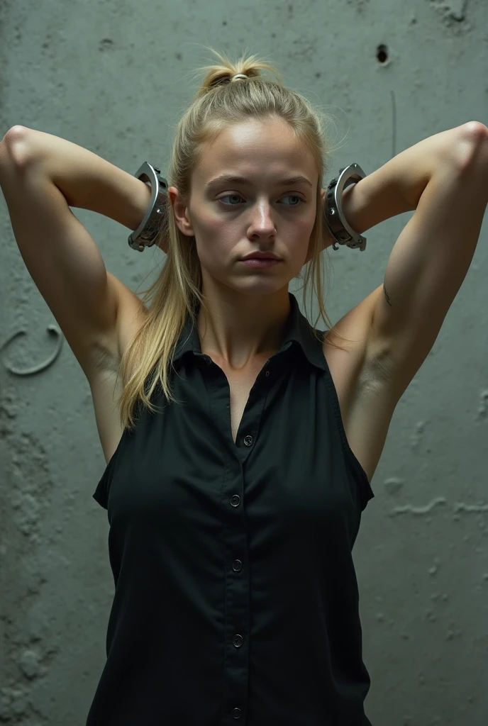 1980s Close up halfbody torso view of an outdoor skinny but athletic pale blonde female prisoner wearing dark grey sleeveless prisoner dress. She is tied down to the restraint chair in prison, with her arms tied very high to the ceiling. She is in a situation where she is strapped down to a prison chair with her arms raised by a rope. She is also wearing very loose, flappy, dark gray prison shorts. capsleeves are very wide, leaving her armpit skin fold fully visible and exposed. Cap sleeves are designed to cover the shoulder but not extend fully over the arm, often ending just past the shoulder. In this case, the woman's cap-sleeve prison dress is short enough that her armpits are visible. This could be due to the design of the dress, or it could be a result of the pose she's striking. backlit She is very sweaty, the outside sunny weather is unbaerably hot, woman is sweating, extreme torso sweating, armpit sweating, extremly bright sunshine,She is very sweaty, the outside sunny weather is unbaerably hot, woman is sweating, extreme torso sweating, armpit sweating, extremly bright sunshine realistic armpit anatomy, errorless photo, realistic skin, realistic armpit crease lines, realistic nice toned arms, noticeable pectoral wall creating that hollowness in the armpits