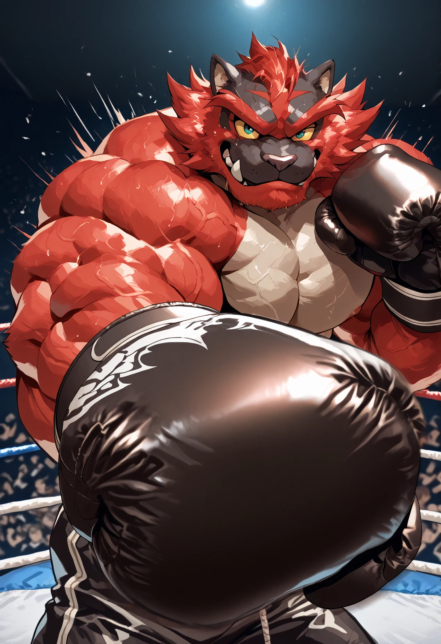 zPDXL3, pov_boxing, mercilessly punching_the_viewer, foreshortening, motion blur, black boxing gloves, black boxing trunks, depth of field, extreme perspective, closeup, action shot, boxing, dynamic punching pose, motion lines, impact lines, mercilessly punching the viewer, chopped head, boxing ring background, BREAKER Incineroar, heavywait boxing champion, furry male, heavy muscular, veiny muscles, looking at viewer, cruel smile, brutal eyes, large pectorals,