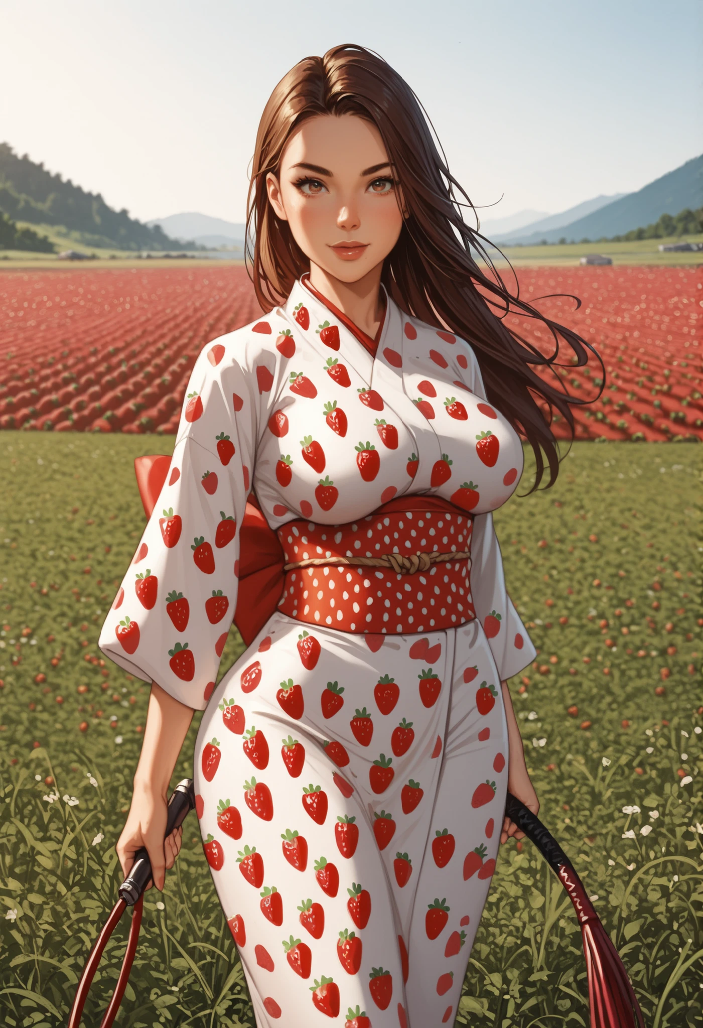 Meisterwerk, best quality, extreme Detail, anatomically correct, Young woman standing alone in a strawberry field, Young woman wearing a Japanese tight sexy kimono, (Strawberry print), Young woman has extremely large breasts, (F70), (wide hips), Young woman is slim , (full-figured figure), brown long hair, Gelbe Augen, Looking at viewer, Young woman looking at luster, Young woman is in fighting pose, Young Woman Has a Whip, Kampfbereit, The whip is made of strawberry,
