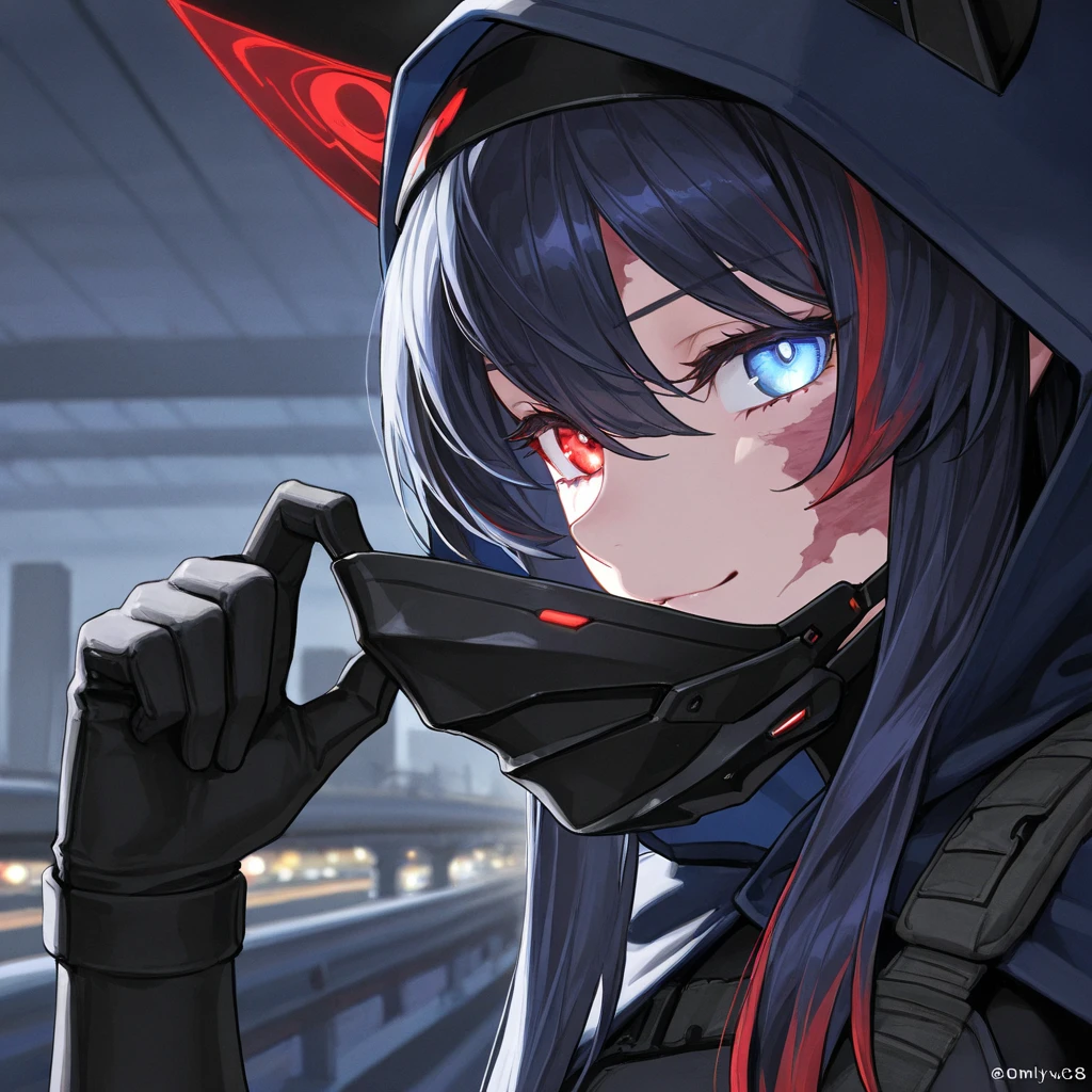 1girl,death,reaper,weapon, (black mask), <lora:A-RandomSuper[mecha musume,mechanical parts,super robot joints,headgear,full armor]:1>, long hair, (heterochromia)