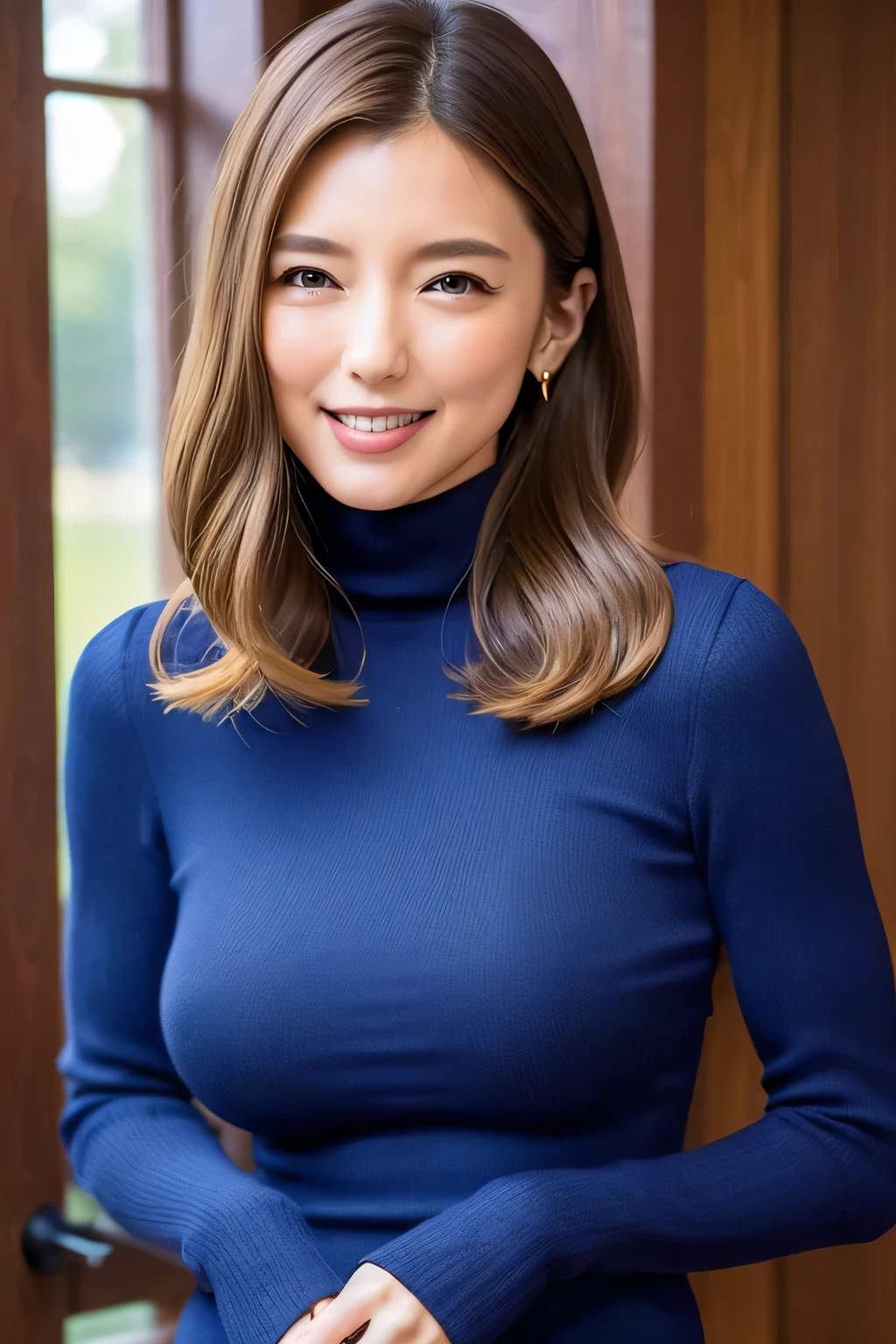 ((top-quality、8K、masterpiece:1.3))、1人、((Beautiful hair))、Beautiful woman with slender abs:1.3、(((very Bigger breasts、1.7)))、Turtleneck made of knitted material:1.1、hyperdetailed face、A detailed eye、二重まぶた、(((Photograph the whole body)))、(Smile)