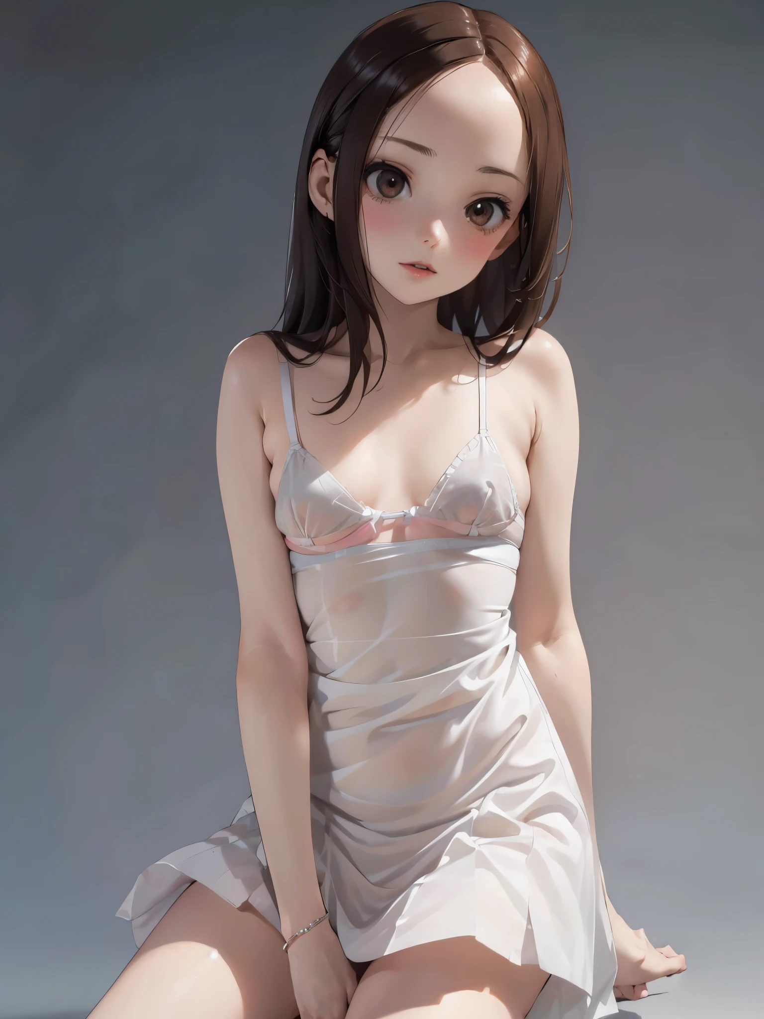 girl, slim, pale skin, pastel brown eyes, ((small breasts:1.3)),short bang, Low Ban, beautiful, Tiny, flat at honny, soft, delicate, playful,wind, Lift up your dress, showing white underwear, sexy, blurred background、((Gray background)),white background, simple background,