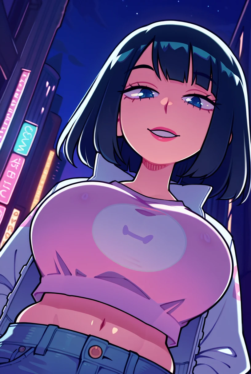 ((masterpiece)),(best quality),official art,extremely detailed CG,unity 8k wallpaper,ultra detailed,beautiful detailed eyes,extremely detailed face,outdoors,1girl,solo,upper body,(portrait:1.5),looking at viewer,facing viewer,cute smile,black hair,long hair,hairclip,earclip,asymmetrical bangs,old town,night time,moon,neon lightsbrown eyes,blush,tan,collarbone,full body pose,cowboy shot,yoga pants,naked tits show ass