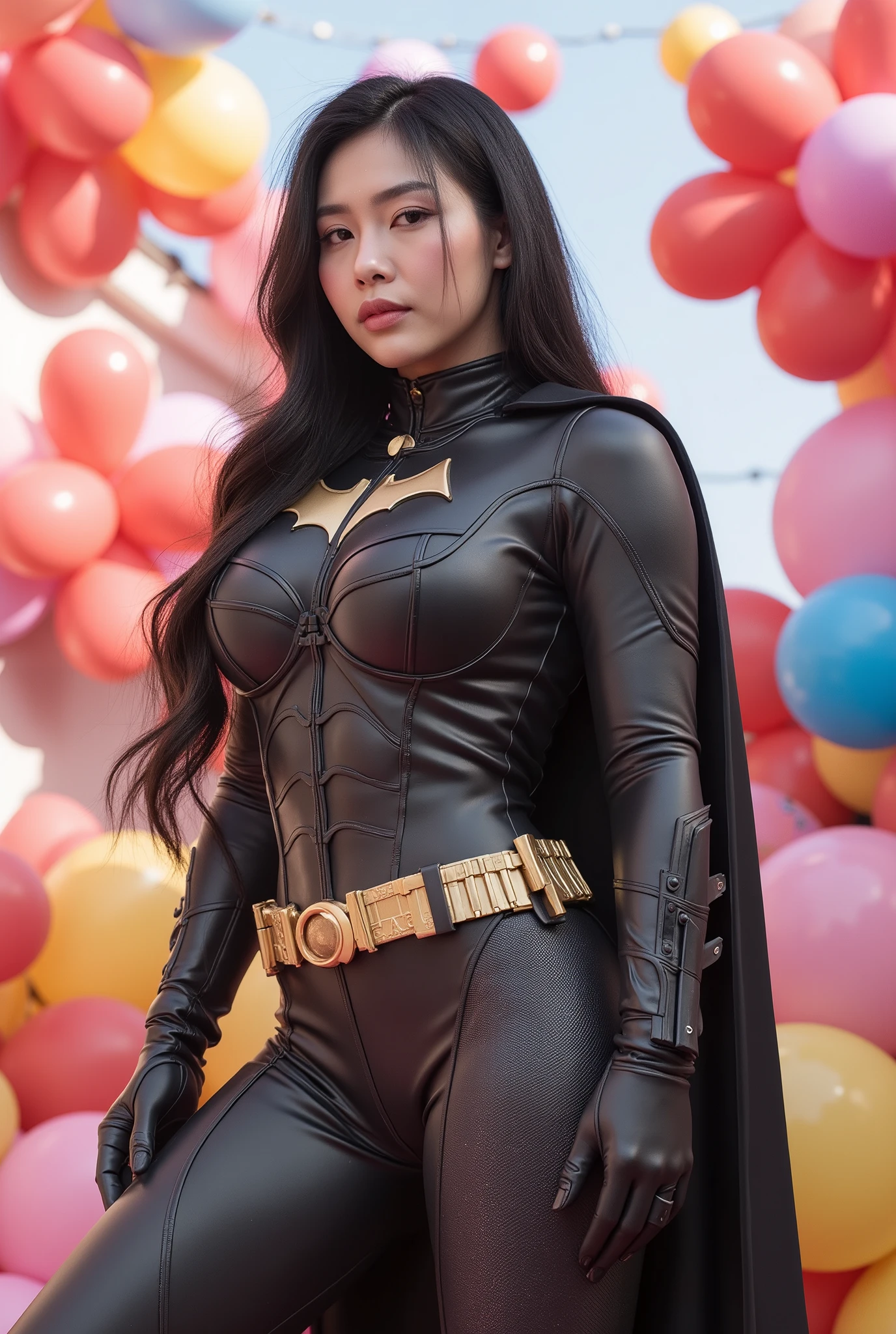 busty curvy super muscular korean female wearing batman rubber suit surrounded by balloons