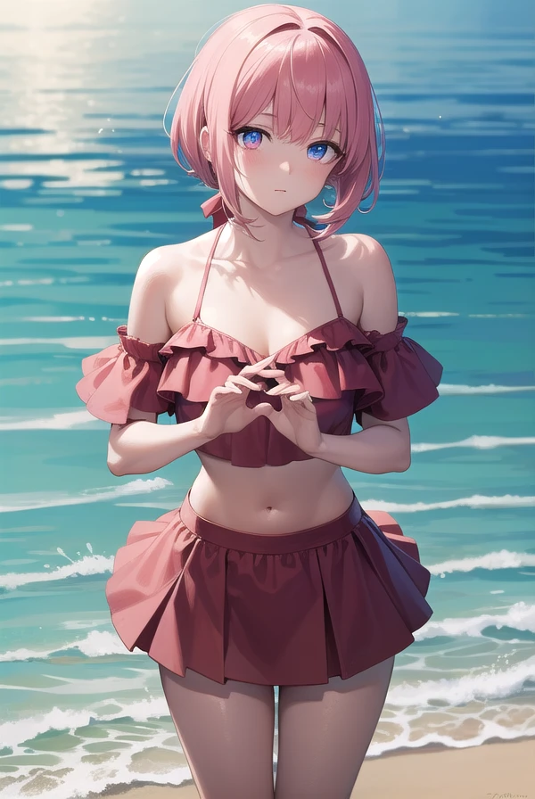 best quality, insanely detailed,ichika nakano, poolside background, breasts, blush, back style, Ruffle bikini, Cute, Cute bikini, nipple, look into the distance, nsfw