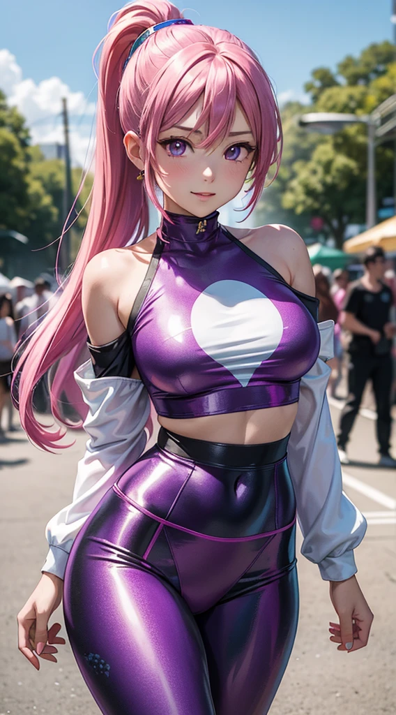 big breasts ((masterpiece)), ((1 girl, 20 years old)) ((((beautiful bright multicolored blonde hair with bangs)))) beautiful hair ornament, high ponytail, best quality, absurd, ultra detailed, holographic, cowboy photo, golden ratio, super beautiful with bright violet eyes very beautiful, beautiful and sexy body, slender body, (((Perfect Body))), wearing super tight mini boxers with heart print, heart print super tight on the shoulder, long sleeve, pink Jordan sneakers, super cute girls, blushing, ((shy and sensual)) mature girl, Asian girl, being photographed in an amusement park