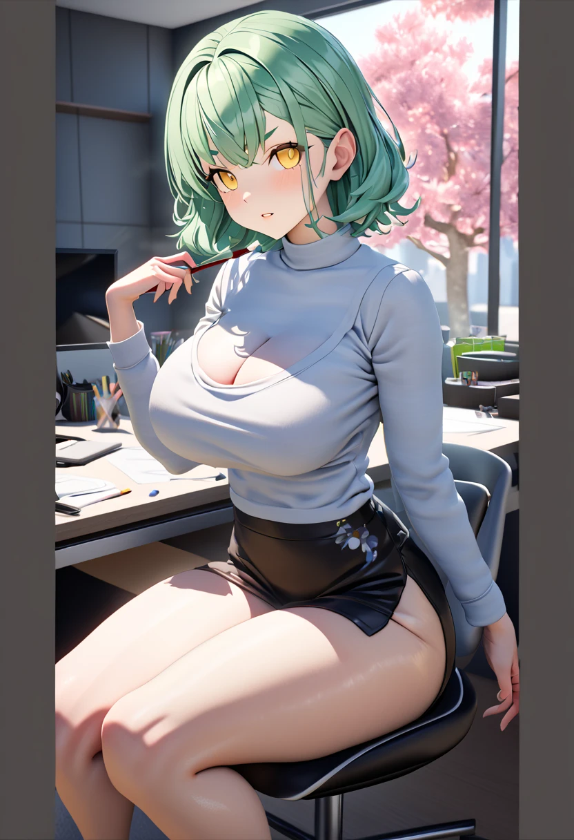 anime - style image of a woman in a black top and green skirt sitting on a desk, thicc, on a desk, small curvy loli, seductive anime girl, (sfw) safe for work, [ 4 k digital art ]!!, big breasts!, thick muscular body, breasts covered and sfw, commission for high res, sat at her desk, big breasts!!
