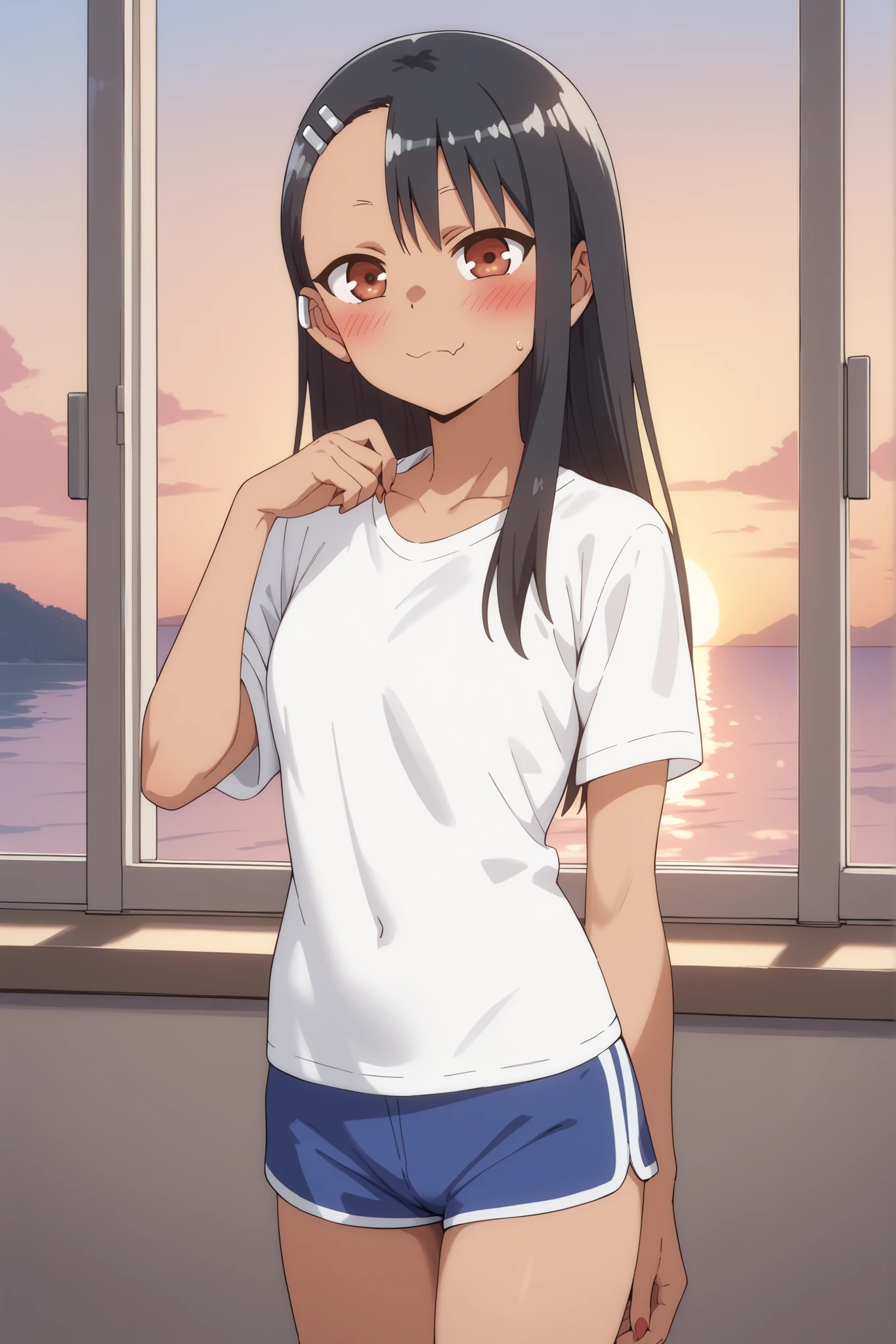 hayase nagatoro,blushed,standing in front of a window , long white t-shirt ,very short sports shorts ,sunset ,She is taking off her t-shirt 