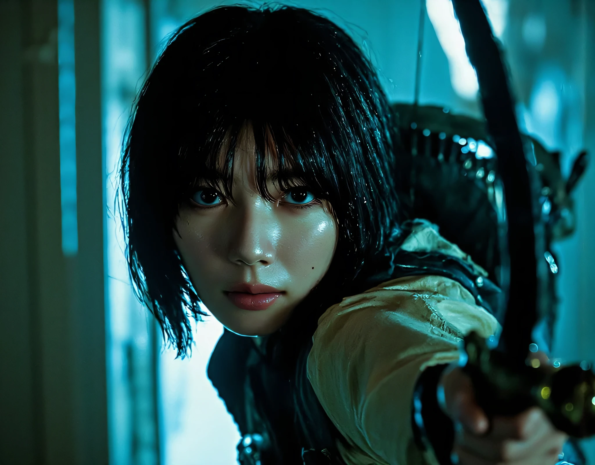 (((inside the dark spaceship Nostromo:2.0))),(((HR Gigger style cyberpunk atmosphere:2.0))),(((holding a bow at the viewer:2.0))),((pointing a Japanese bow at the viewer:2.0)),standing like a superhero,((full body:2.0)),one woman,(cute face:2.0),(Beautiful well-balanced face :2.0),((long hair with bangs:2.0)),(wavy black hair:2.0),(Beautiful Eyes:1.3),glamorous shot of a 20-year-old Japanese woman,Beautiful slender body,((model body type:2.0)),((slim body:1.7)),perfect body line,Ideal Proportions,((small breasts:2.0)),((Three sizes 84-55-85:2.0)),((B-cup breasts:1.5)),beautiful breasts,Bare thighs,Sensual Thighs,delicate body,(muscular:1.7),harmonious posture,((Realistic breast depiction :1.7)),Carefully Depicting Limbs Based on Perfect Anatomy,((Futuristic samurai style white super high leg leotard :1.5)),((Fitted Latex Super Hi-Leg Leotard:2.0)),((((Super high leg hot pants made of denim fabric:2.0)))),(black kimono:1.5),((Tactical Holster:1.5)),((((Coarse mesh fishnet stockings:2.0)))),concept art,(top quality:1.5),(masterpiece:1.5),(超高resolution),resolution,UHD,(delicate depiction),carefully drawn,32k,((realistic skin texture:1.5)),(((super realistic:1.5))),carefully draw eyelashes,Highly Detailed Faces,Highly detailed female hand, Sexy appearance ,Extremely Sensual,(Blurry Dim Backgrounds :1.5),Professional Photography,(movie lights:2.0),((Blade Runner style lighting:2.0))
