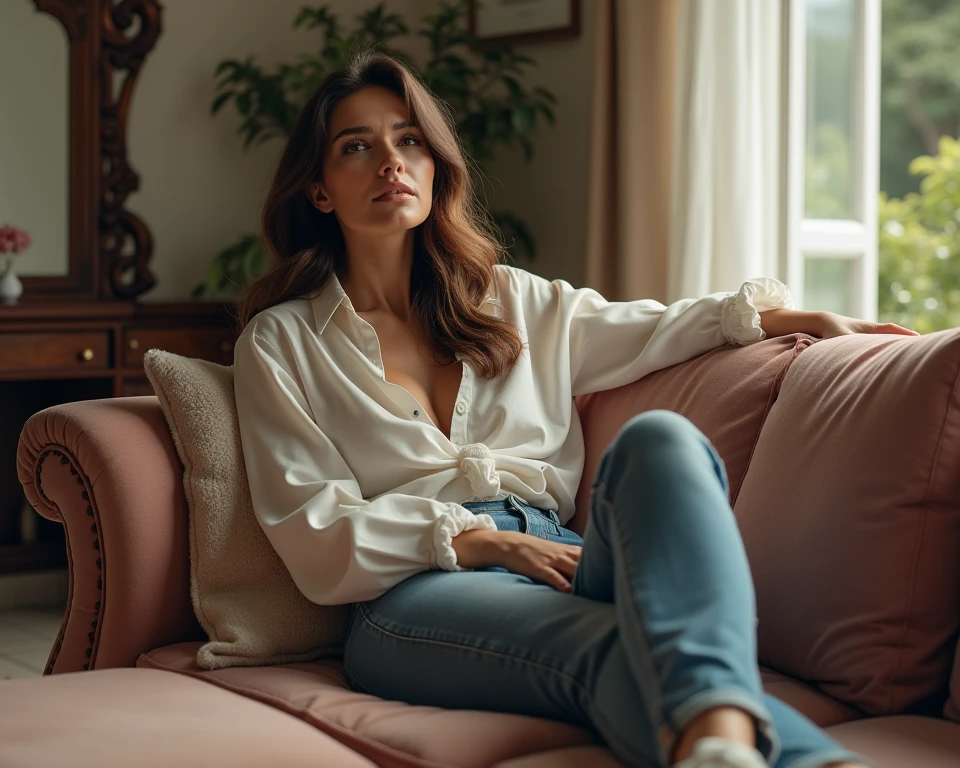 (photorealism:1.2), beautiful woman, stay, wearing t-short, classikal pants, long curly hair, indoors, soft lighting, cozy room, relaxed pose, realistic, , warm colors, she seems very smart