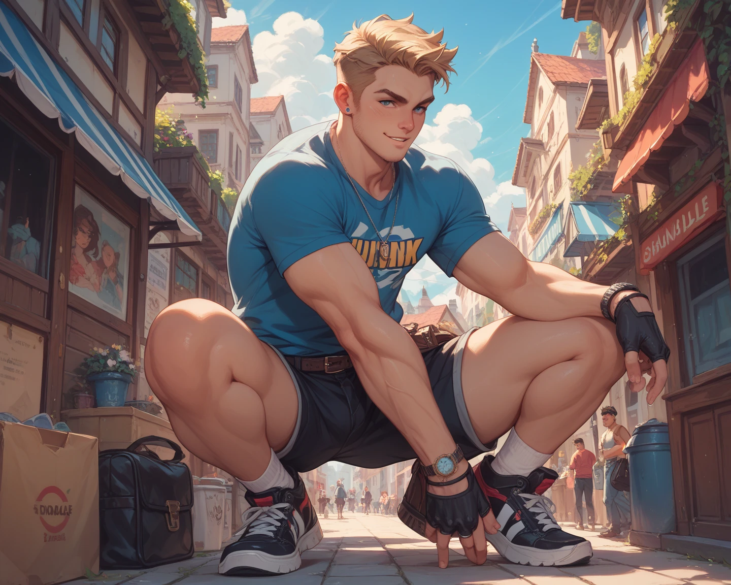 32k, solo man, 1man show, a man with a dark blond beard and well groomed ,a dark blond hair ,stephen amell wearing( glasses, topless and hairy chest ,(dark green short ),(dark green shoes),in a park,sitting on a table cloth spread on the grass near him a picnic basket and lot of kittens , high well detailed face fingers body parts focus, happy smile, happy cats, heart-warming sceme lot of cat cuddling , seen from the front to side