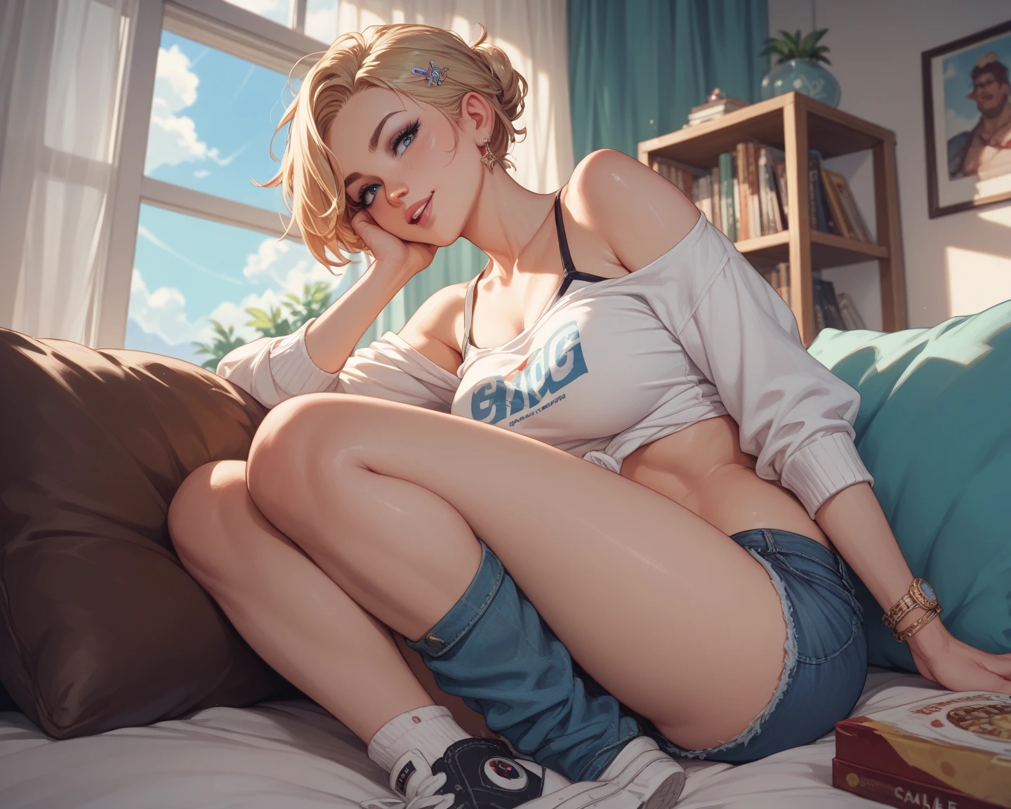 Young adult woman,black framed glasses,seductive smile, one person,facing this way,Raise your arms and see your sides,Glamour,wearing a black tank top, wearing denim shorts,messy bun,full body composition,lying with back on the bed surface, visible hair on armpits