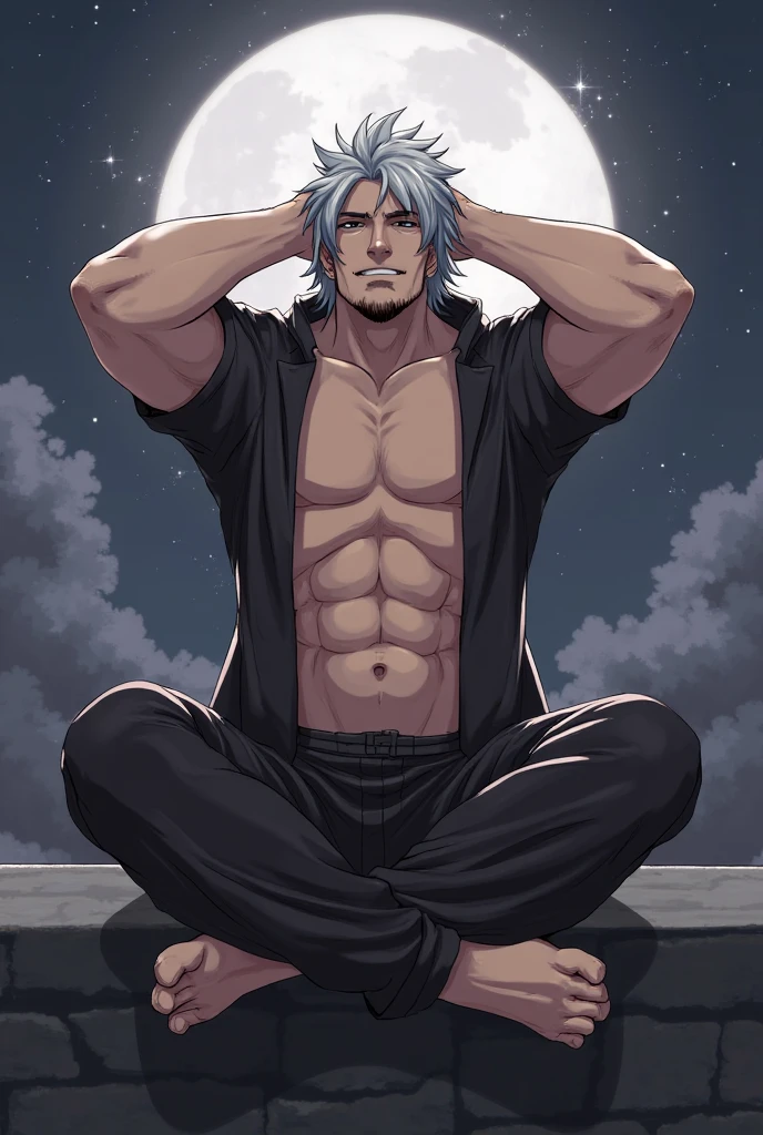 Man meditating at the top of the mountain barefoot without a shirt with a defined torso in loose cloth pants with his eyes closed with a serious gesture with his hair color Blue and Silver