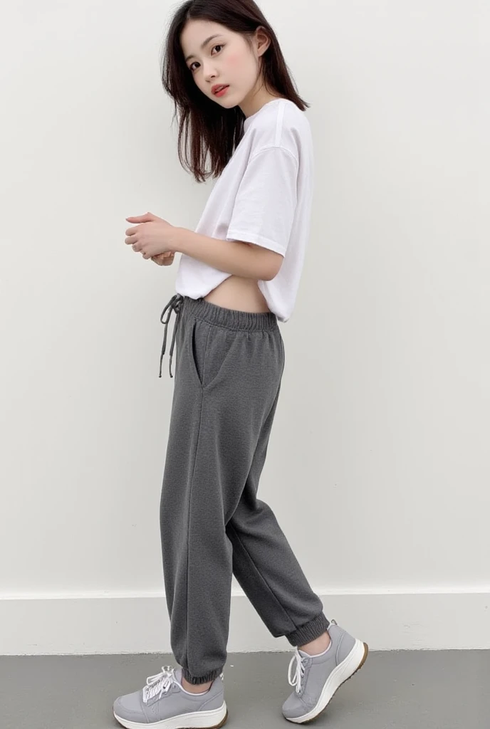 Best quality, masterpiece, ultra high resolution (photorealistic: 1.4), raw photo, 1 girl, cute and adorable girl, teenage girl, wearing black hijab, white shirt, black shorts, ((black socks)), white air force sneakers, in a photo studio, full body view, funny pose