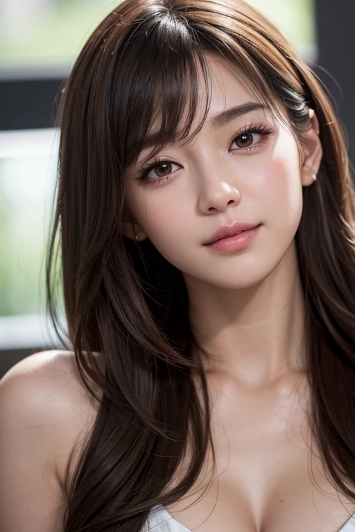 (highest quality、table top、8K、best image quality、Award-winning work)、(one young girl, 14 years old:1.3)、(red eyeshadow:1.2)、perfect makeup、long eyelashes、Super high-definition sparkling eyes、ultra high definition hair、ultra high resolution glossy lips、Super high resolution perfect teeth、Super high resolution cute face、brown hair、(very long straight hair:1.1)、look at me and smile、[clavicle]、accurate anatomy、Luxury love hotel、(The most moody warm lighting:1.2)、blurred background、Super high-resolution glossy and moisturized face、Super high resolution glowing skin、most detailed face、Ultra high resolution detailed faces、ultra high resolution hair、Super high resolution sparkling eyes、Beautiful face drawn in every detail、Super high resolution glossy red lips、(((Naked 1.5)))、(((full nude 1.5)))、