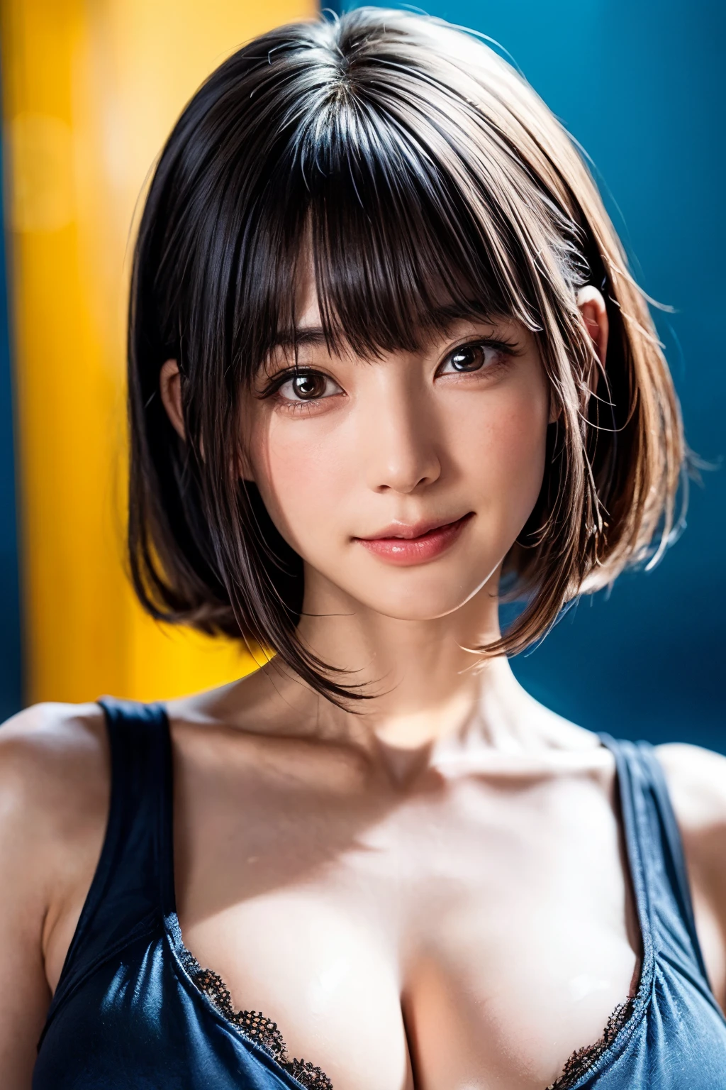 (table top, highest quality、ultra high resolution、face focus focus、focus on the sides、navel focus、decolletage focus、very attractive beauty、Adds intense highlights to the eyes、look closely at the camera:1.4、Absolutely beautiful bangs:1.4、Brunette short bob hair with bangs:1.4),1 girl, Report, black haired, realistic, looking at the viewer, pale black eyes, short hair, lips, lip gloss, Upper body、Big eyes、eyelash)、((italian natural background、hyper real stick:1.4))、((short hair with bangs:1.4、Beautiful bangs with 46 points:1.4、{Huge|big|Hugeな|mega} chest:2, cleavage:2、Big eyes、Give your students very powerful highlights、very bigger chest、look at the audience、very beautiful beauty、show me your ears、beautiful long neck、beautiful decollete、smile、A smilee beautiful teeth、Open your mouth and smilee))、28 years old、very cute super model、perfect anatomy