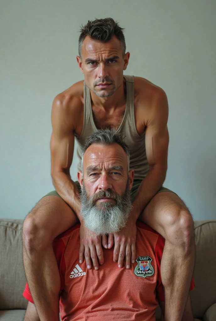 Two middle-aged men hugging each other, full bodyesbian, Pubic hair shows through，Short gray hair, musculature, Strong bear，Strong，Facial hair，National character face，Beard,，Naked, perspire，Wet the whole body，Felling trees， (Masterpiece, Best quality, A high resolution, Ultra detailed ), depth of fields,and the sun was shining brightly，rural village background，Sweat wet clothes，Naked，enjoying，Homem de meia idade，50yearsold，grandfatherly。
