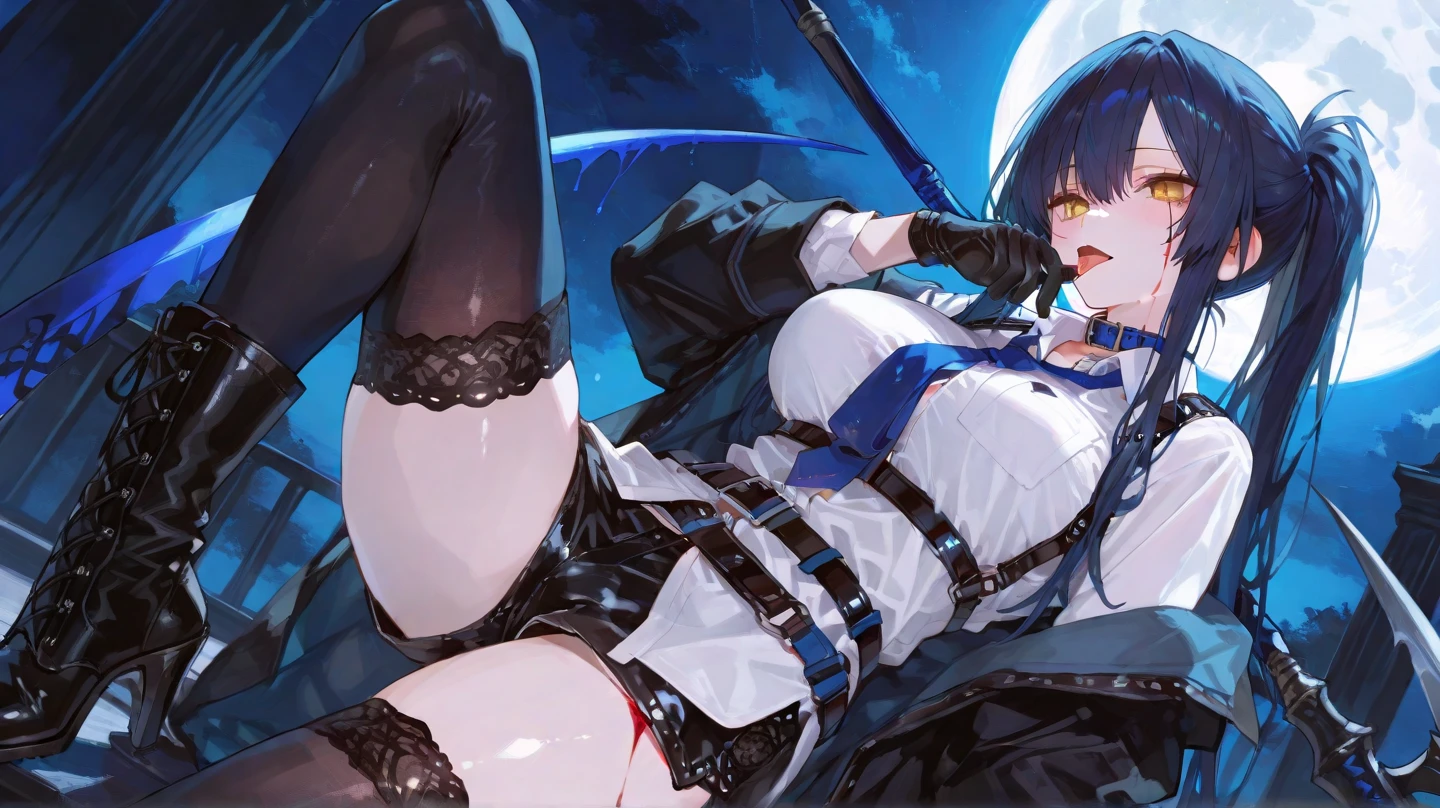 rscore_9, score_8_up, source_アニメ,th,ahoge,ponytail,bright pupils,stockings,latex,tie,garter belt,High leg,shame,High heels,front view,Small breasts