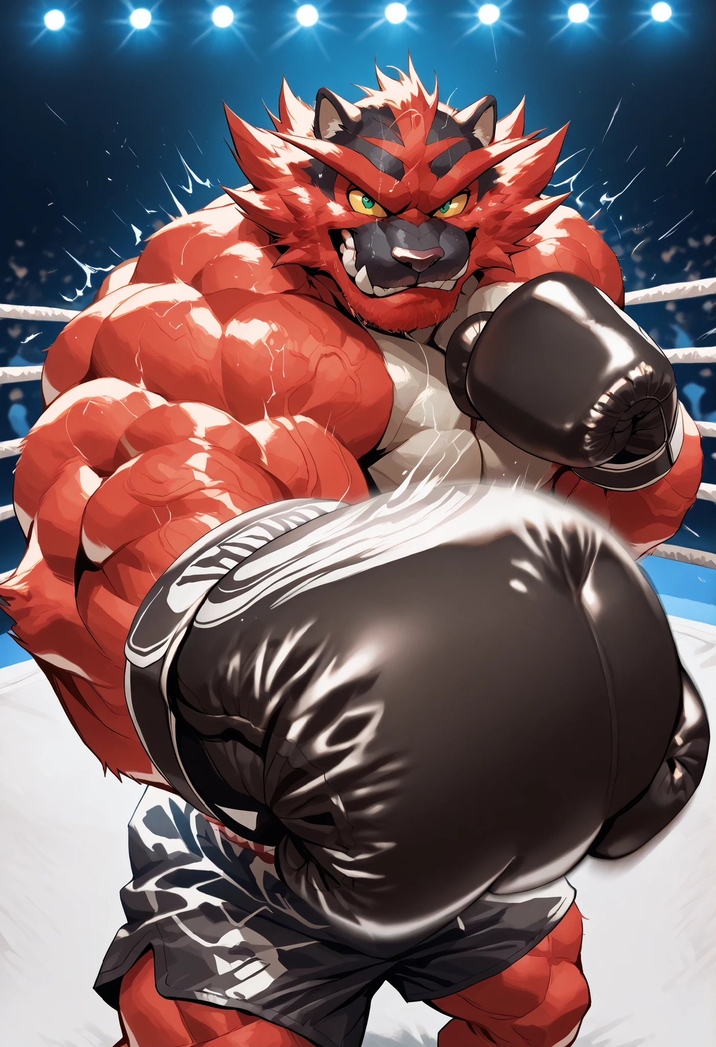 zPDXL3, pov_boxing, mercilessly punching_the_viewer, foreshortening, motion blur, black boxing gloves, black boxing trunks, depth of field, extreme perspective, closeup, action shot, boxing, dynamic punching pose, motion lines, impact lines, mercilessly punching the viewer, chopped head, boxing ring background, BREAKER Incineroar, heavywait boxing champion, furry male, heavy muscular, veiny muscles, looking at viewer, cruel smile, brutal eyes, large pectorals,