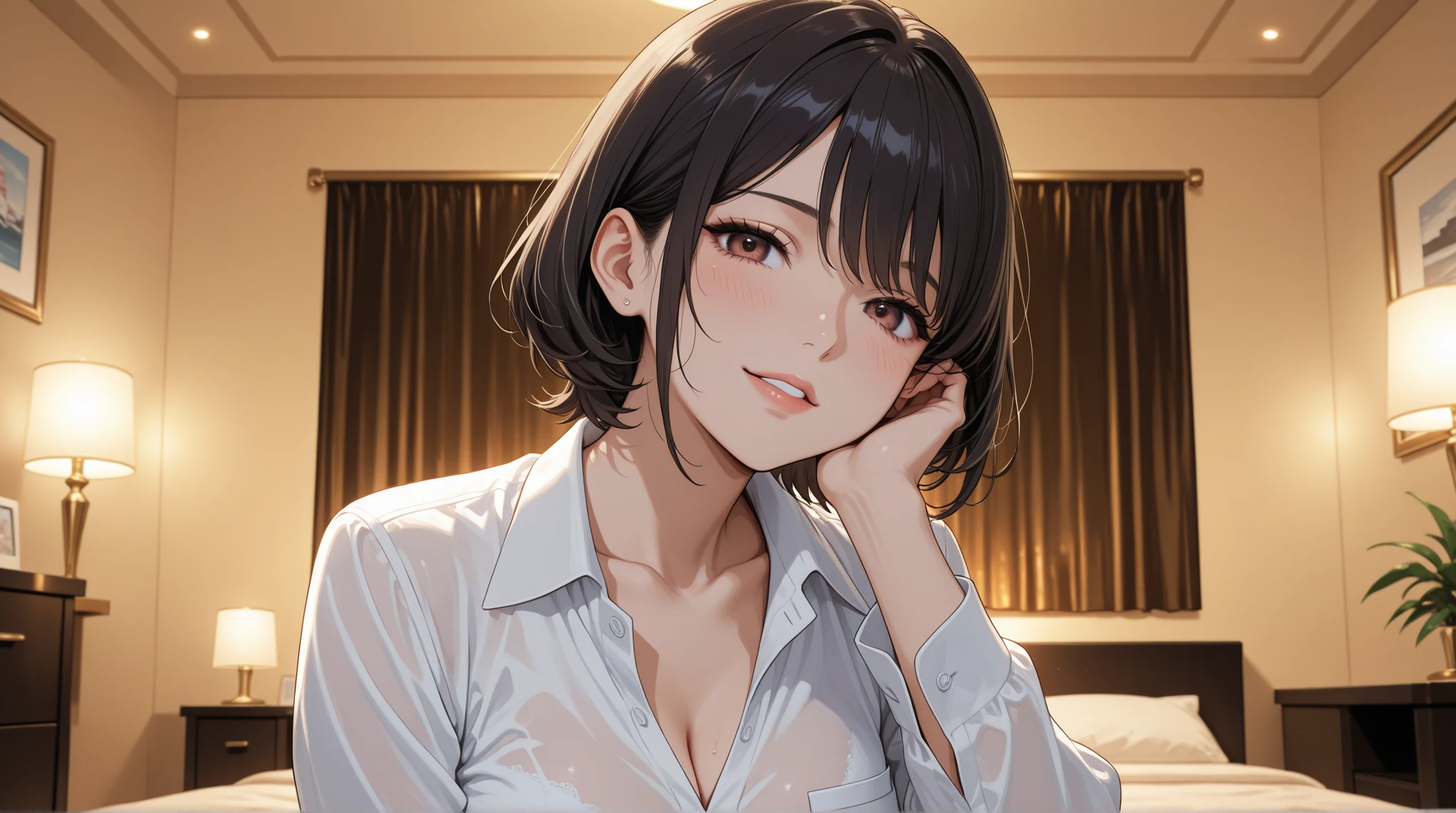A dark-haired hi-school girl Black short hair Aligned bangs White shirt black bra to protect from rain very heavy rain sodden In the street rainy days rain cloud cloudy ash sky