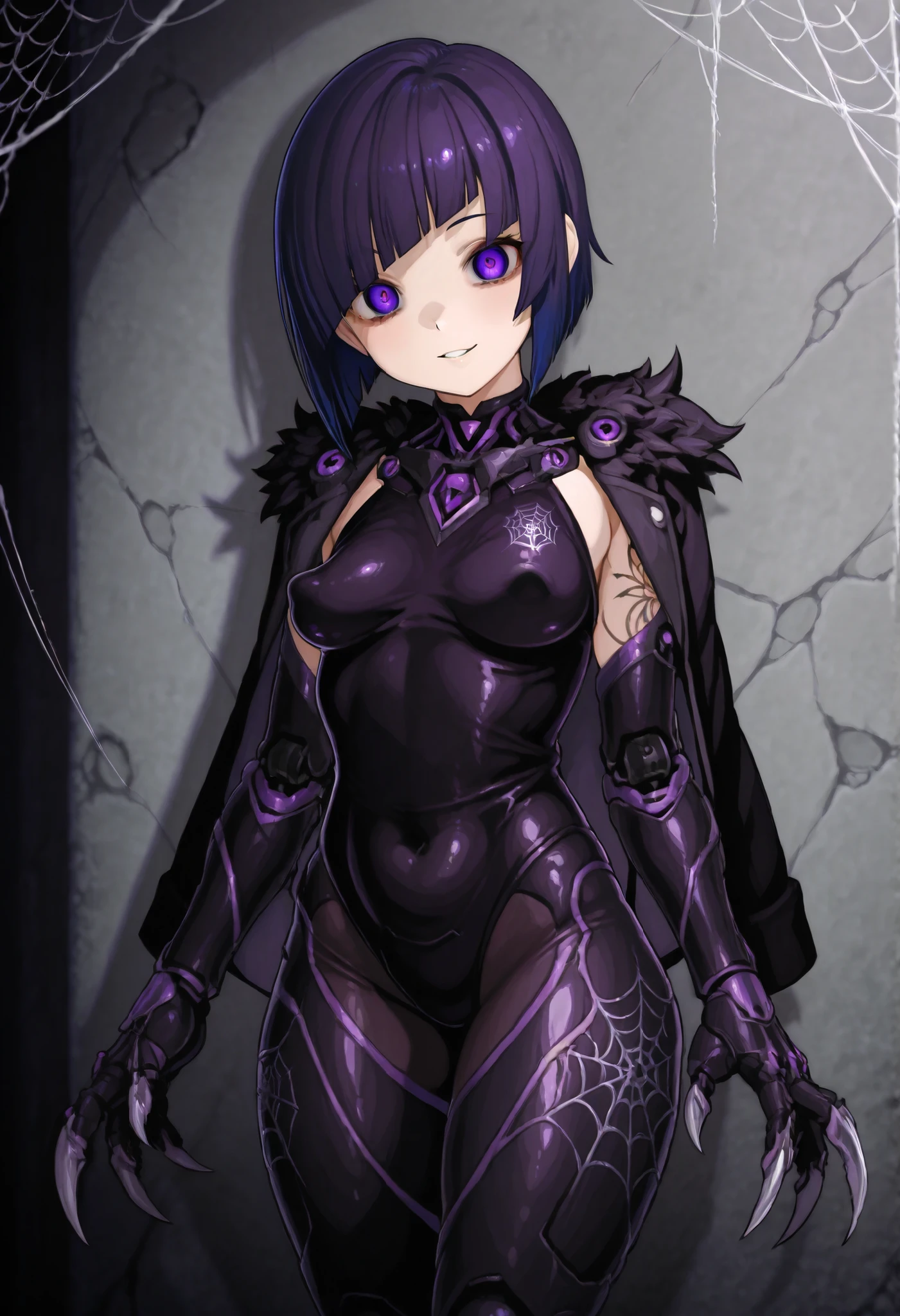 Masterpiece, Beautiful art, professional artist, 8k, art style by sciamano240, Very detailed face, Detailed clothing, detailed fabric, 1 girl, Soul Fullness \(Honkai Impact 3rd\), front view, kneeling, pose sexy, perfectly drawn body, shy expression, 4k eyes, very detailed eyes, pale skin, beautiful face, short dark blue hair, (shiny black tight bodysuit), black gloves, gloves that cover hands, Sensual Lips , evening de invierno, show details in the eyes, looking at the viewer, Dark road, dark forest, evening, Atmosphere, fog