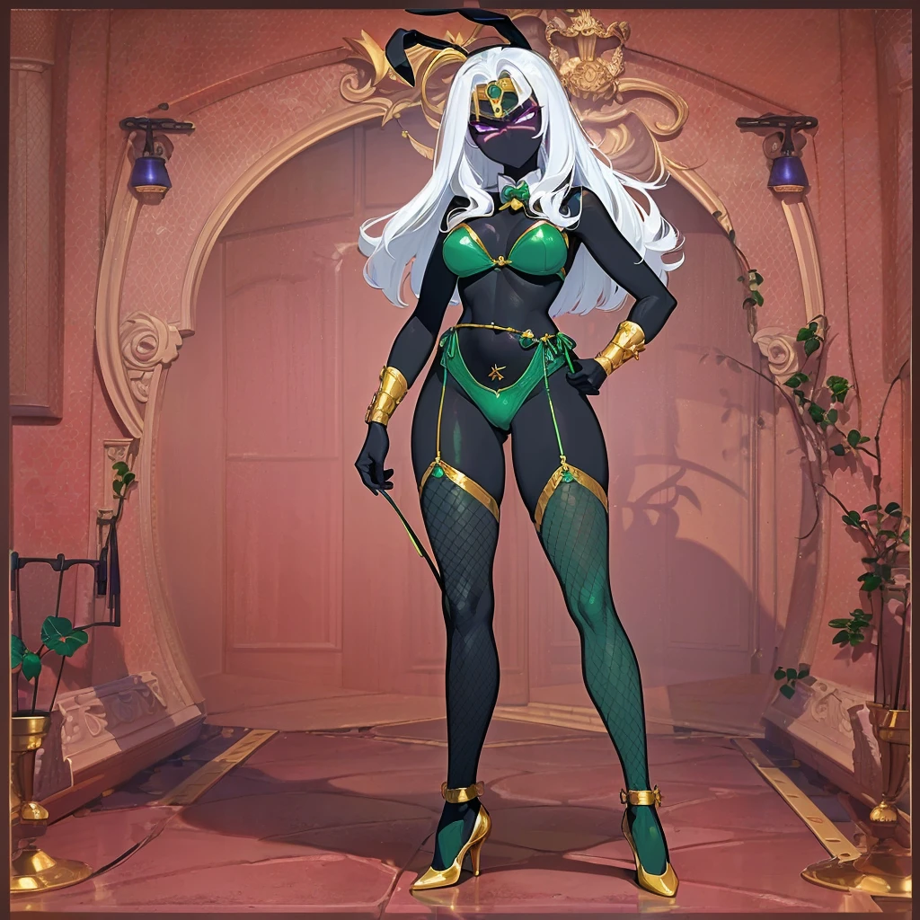  (((queentyr, colored skin, black skin, purple eyes, angry, white hair, long hair, circlet, neck ring, bracer, facial mark, (queen tyr'ahnee, black_skin, white_hair, purple_eyes), smug))), ((bunny costume, playboy bunny, bunny girl, bunny ears, bunny ears headband, tights, , mansion, luxury decor, elegance opulence, interior of a mansion, fishnet stockings, granite, bow tie, light green swimsuit, windows, city, smug))
