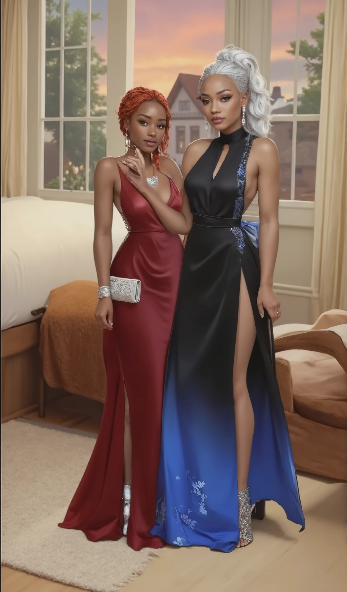 Elegant high school prom wear captured in a stylish indoor setting. The left figure is dark brown skinned younger age girl face with light brown eyes with long lashes, she have on a Gown Collar Cowl Satin Red Plum Rose silk gown, complemented by a silver statement necklace connected to the dress and silver bangles, holding a chic white clutch. Her hair is styled in vibrant red long Lemonade Braids. The right figure is a lighter brown skinned younger age face with silver eyes and long lashes, a sophisticated sleeveless Slit Keyhole with side boob black dress with a long side slit, featuring a royal blue gradient and decorative floral patterns at the hem. Her hair is silver white long Bubble Braids updo, paired Floral Lace Dangling Earrings Grey Black and a patterned Cylindrical Clasp Beaded Gems Metal Gold clutch purse. Both figures stand with confident poses, with softened background lighting enhancing the warm, cozy atmosphere of the room. Tall windows reveal a sunset view over quaint houses and green foliage outside.