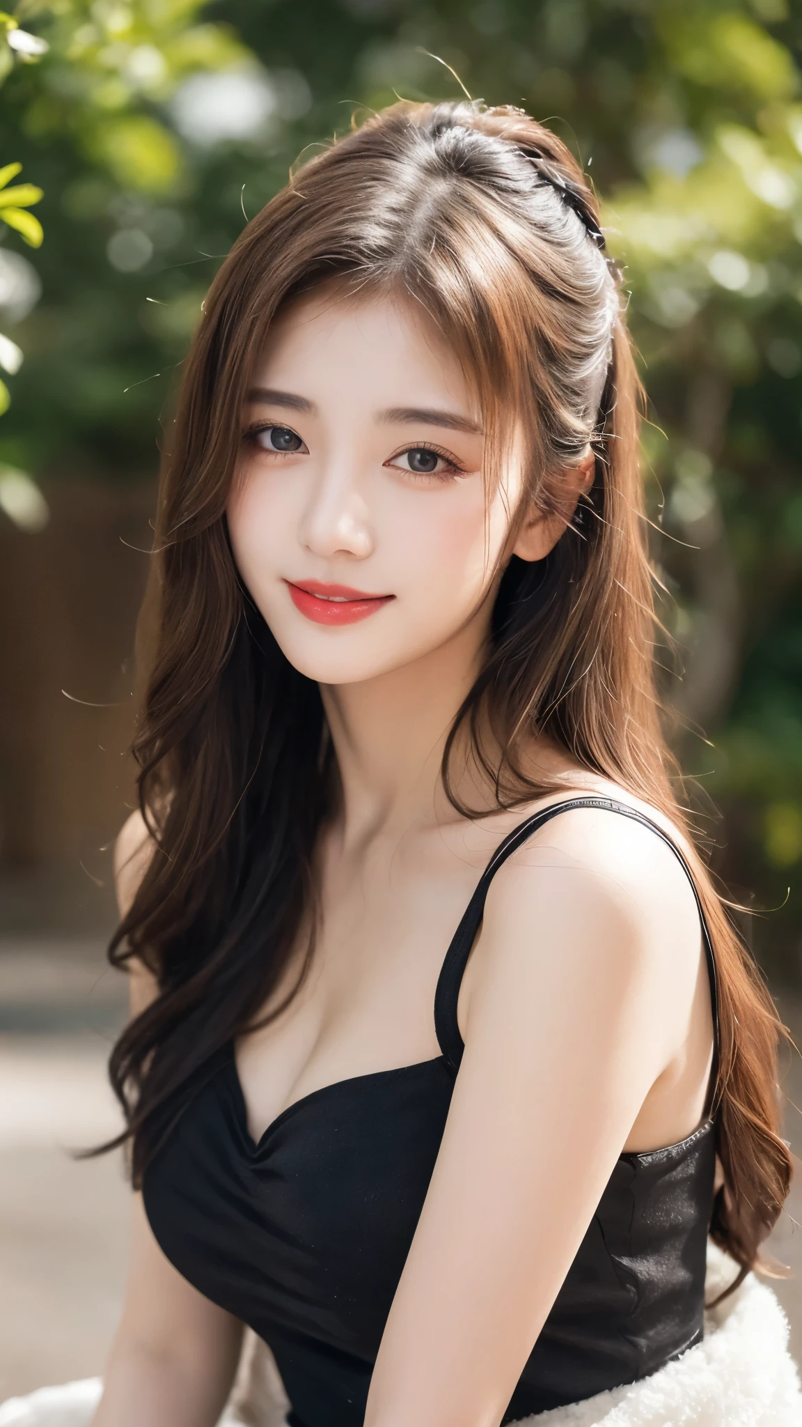 Tabletop, Highest quality, shape, Very detailed, finely, High resolution, 8k wallpaper, 完璧なダイナミックな構shape, Beautiful and exquisite,ランダムなcute髪,,Natural color lip, Bold sexy pose,smile、20-year-old girl、cute、Always blur the background,Perfect and beautiful face,Slim face and figure,Big eyes、Putting on gal makeup,Small face,Blurred Background,Elegant feminine face、smile、Actual Photos、Change pose randomly、Randomly change the shooting angle and position、Summer Fashion、evening