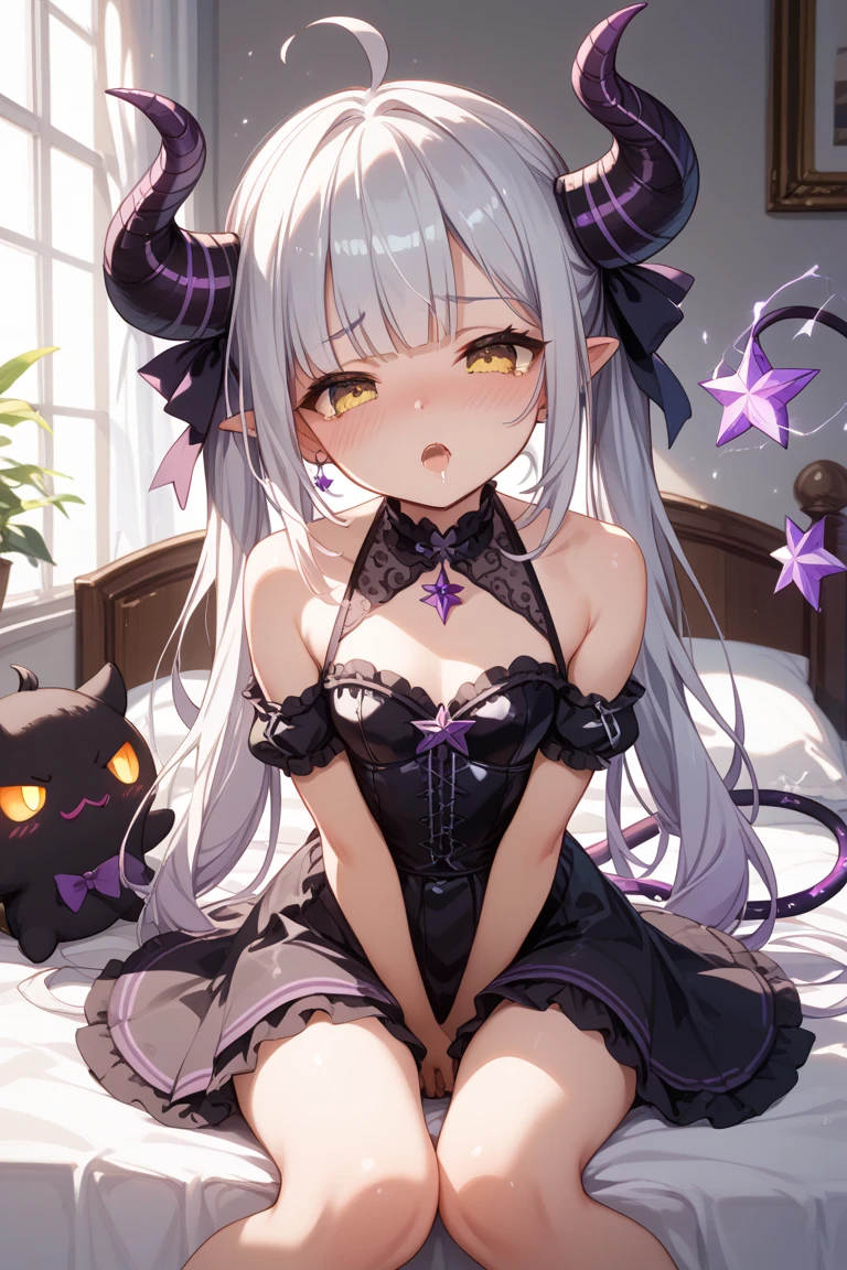 a girl with long white hair, purple eyes, sexy, sensual,black goat horns,voluptuous, wearing black lingerie, lying on her bed, in a dark room,sleeping