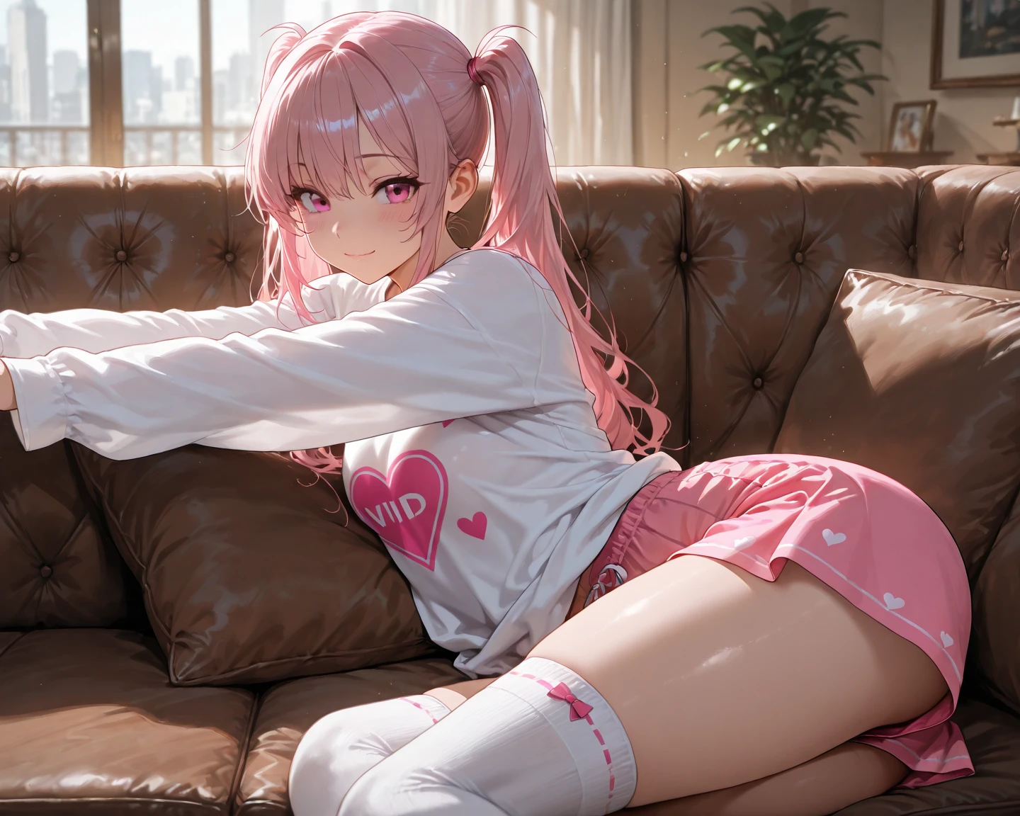 Make a girl with pink hair, with a pink sleeveless sweater, with pink miniskirt, with white stockings, pink shoes. Sitting drawing next to a table