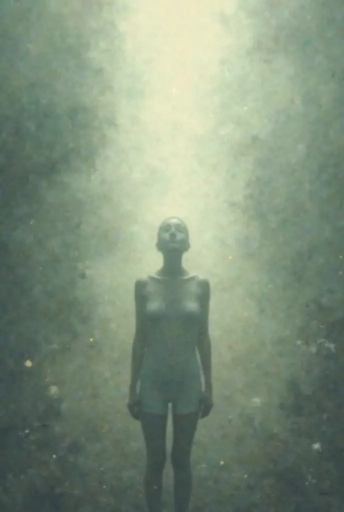 full body shot, stunningly beautiful naked 30 yo girl, blue eyes, choppy haircut hair, fear, turning to the side with a seductive glance, emphasizing facial features and allure, misty lighting, soft, misty light adding an air of mystery and enchantment to the scene, a magical bioluminescent bay, where the water glows with ethereal blue light after dark, dreamlike,...