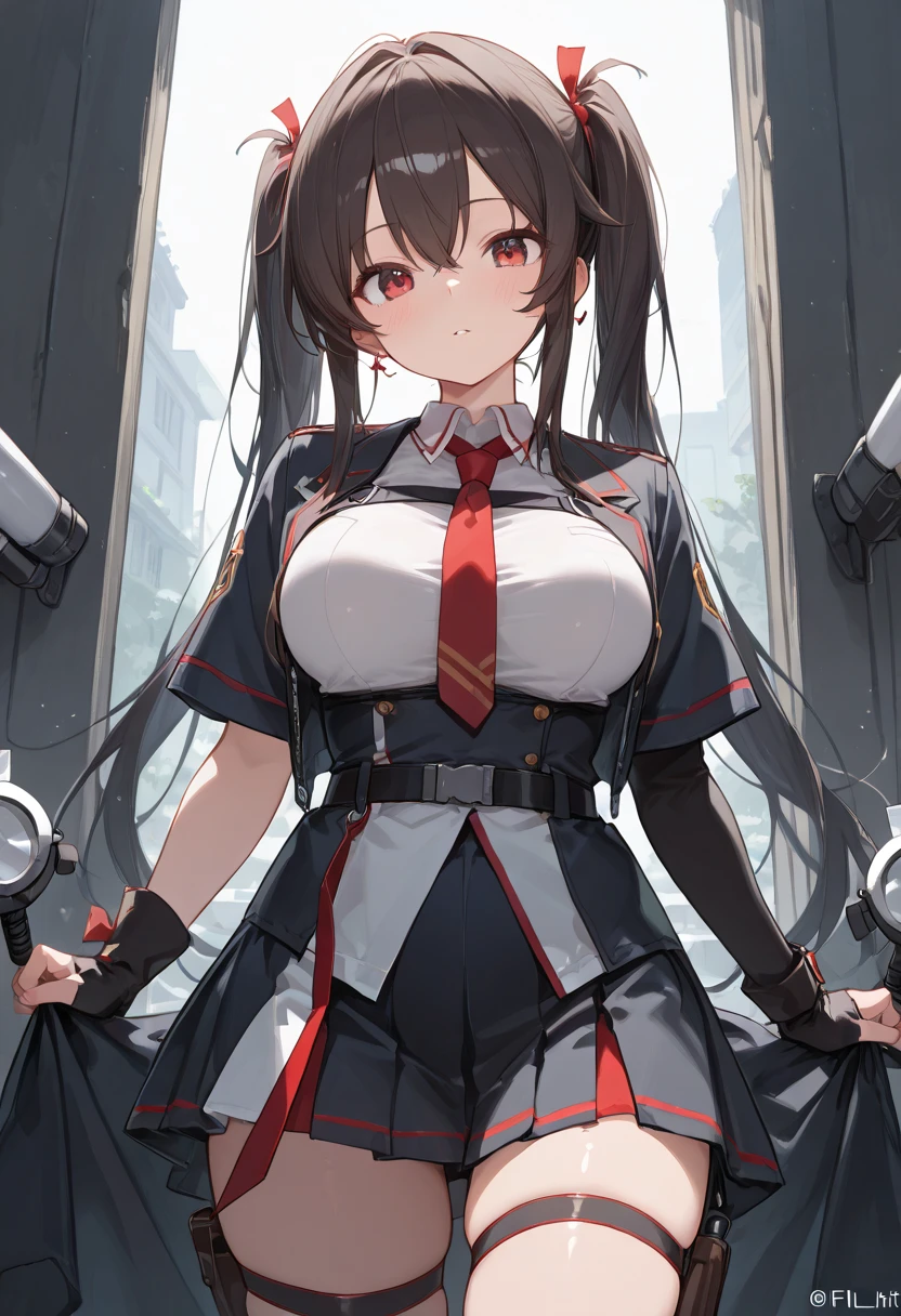 1girl,Zuikaku,gigantic breasts,superhero pose,standing in ruined city,(8k),scratches,detailed face,brown hair,yellow eyes,very long hair,embarassed,small smile face, side ponytail,orange eyeshadow,hair ornament, high_res, high_definition,the battlefield, (Captain America Custom 1:1),