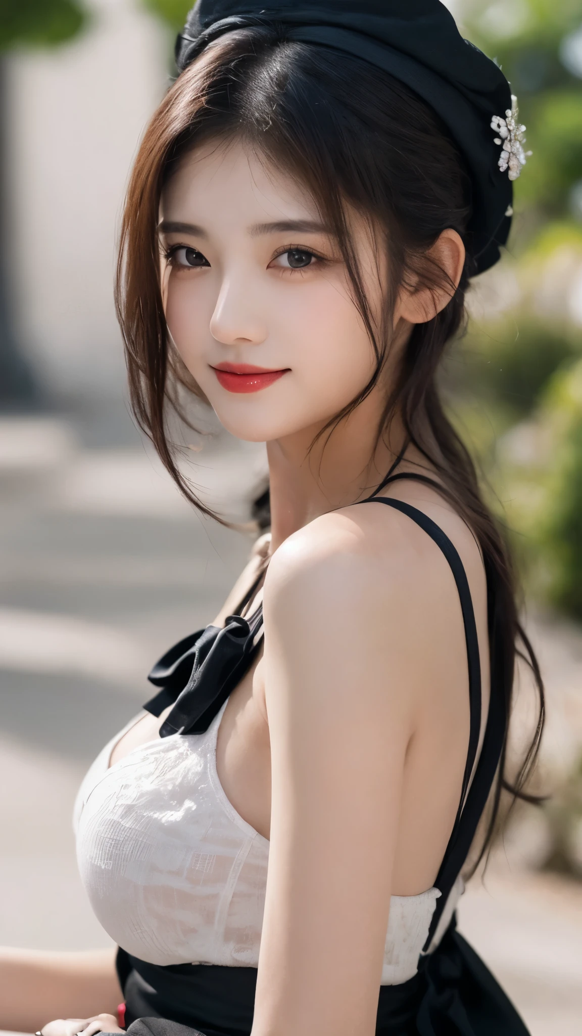 (Extremely meticulous CG),(((8k))),wallpaper,((Extremely refined and beautiful)),(((Masterpiece))),(((best qualtiy))),(((Ultra High Resolution))),beautiful light up,realistic shaded,(Smooth and flawless fair skin:1.5),(Extremely exquisite facial details:1.2),(ultra-detailed:1.5),((a beautiful girl,solo)),(short ponytail:1.2),(small head:1.2),(slender face:1.2),(Exquisite makeup:1.3),(happy:1.2),(laughing:1.2),(perfect body:1.1),(strapless dark navy blue-gray bra with a huge red heart pattern:1.5),((slim,thin)),(from front:1.3),(standing:1.3),(at the schoolgate:1.3),(outdoor:1.2),(early summer:1.3),(day scene:1.5),(cloudy:1.3),(surrounded by crowded crowds:1.3),(close-up of face:1.3)