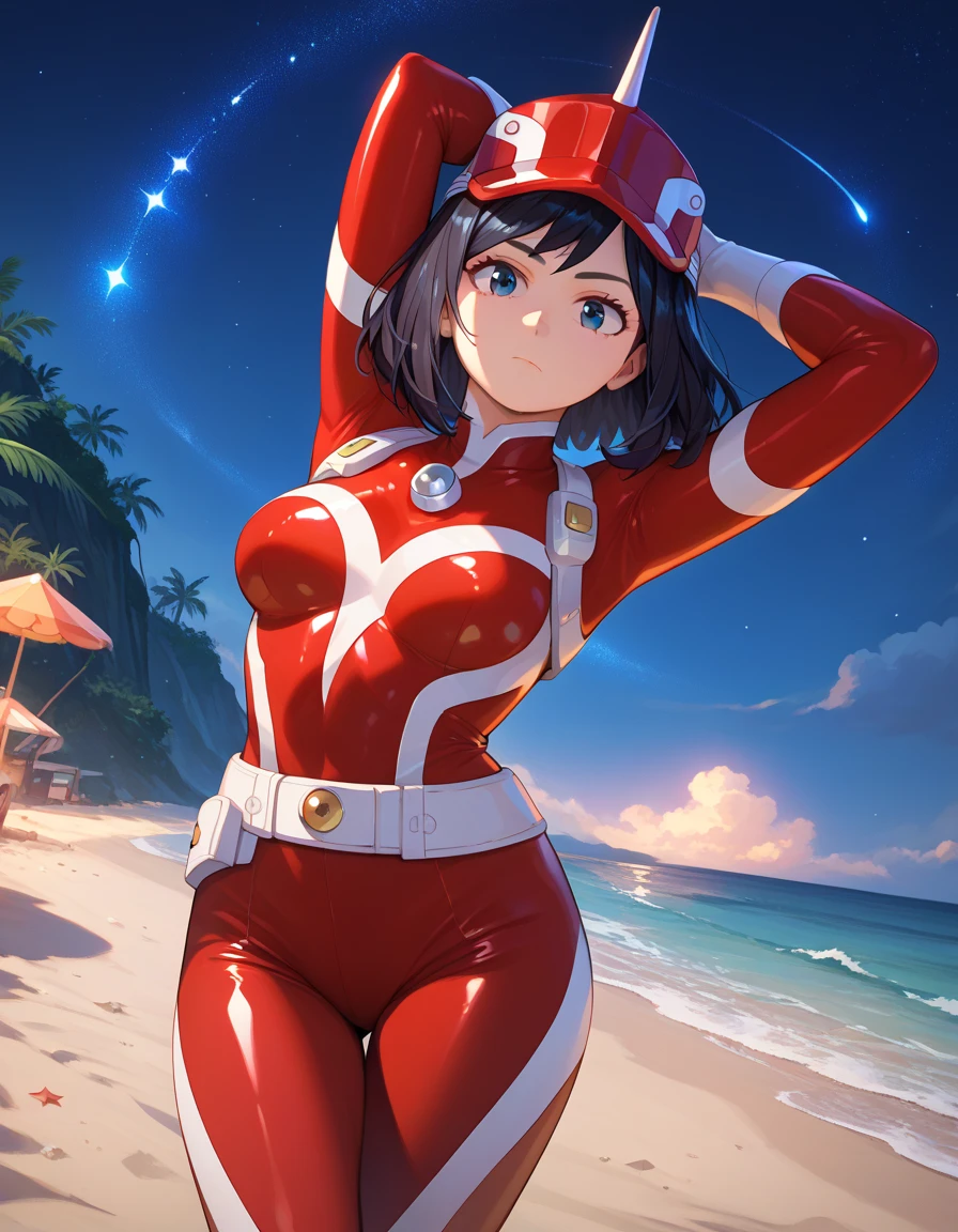 red hair, twintail, small breast, blue eyes, red swimsuit, slender, thin legs
