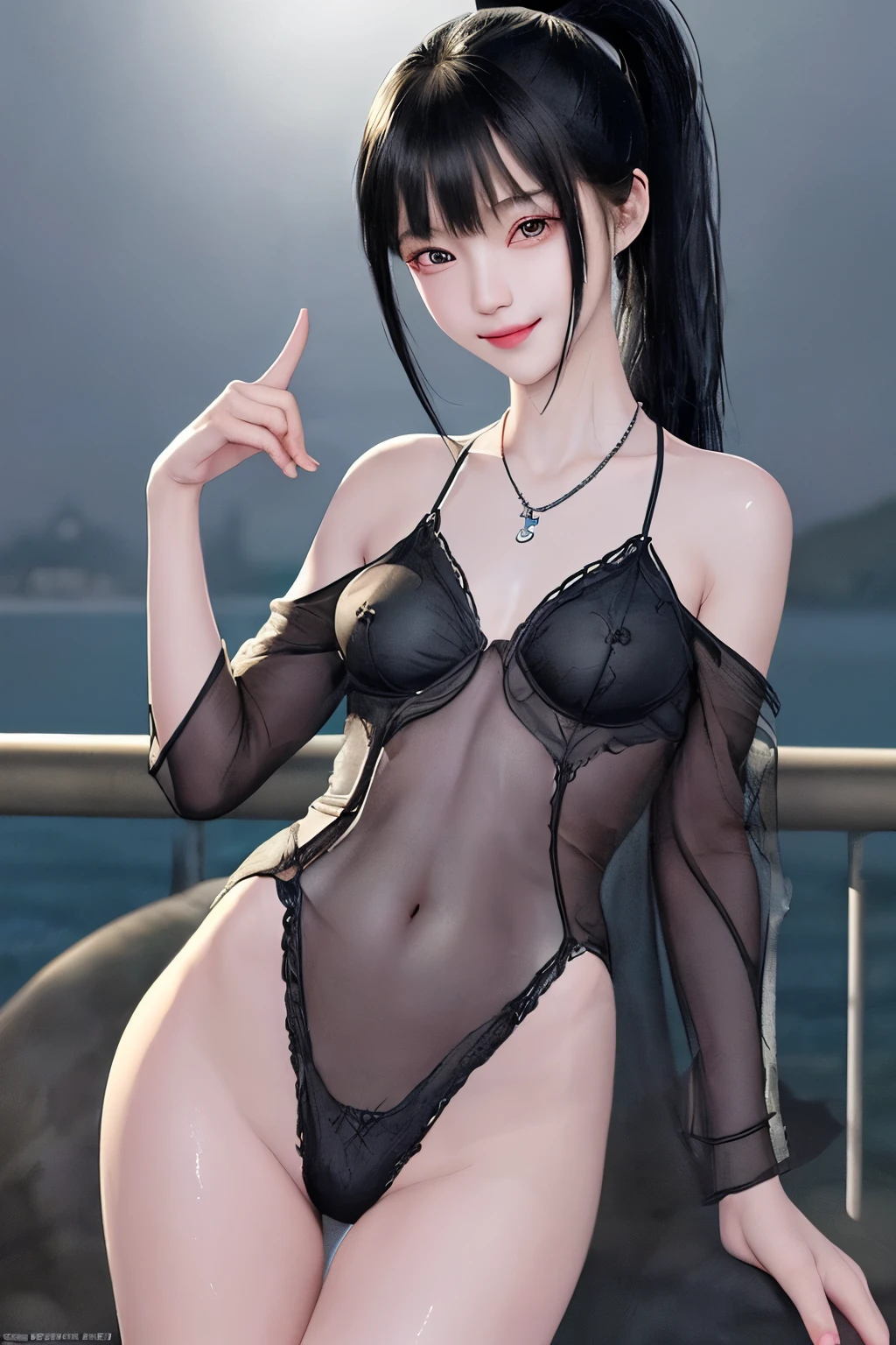 8k, masterpiece, RAW Photos, highest quality, Realistic, Very detailed, Depth of written boundary, Cinematic Light, Anatomically correct body,
One beautiful 40 year old woman, Very beautiful face, Exquisitely detailed face, (A seductive face:1.4), Very delicate skin texture, Transparent muscle, Shiny white skin, Glamorous Body,
(Wavy black long hair:1.2), (Sexy Breasts:1.1),
(Bold high-cut swimsuit:1.2), (Detailed cloth texture:1.2), (Gorgeous necklace:1.1), (Gorgeous earrings:1.1),
(Dark starry background:1.4), (Milky Way:1.1), (milky way:1.1), (shooting star:1.1), (Dark coastline at night:1.4), (Pitch black sea surface:1.4),
(Standing in shallow water on a sandy beach:1.2),
(Cowboy Shot:1.2),